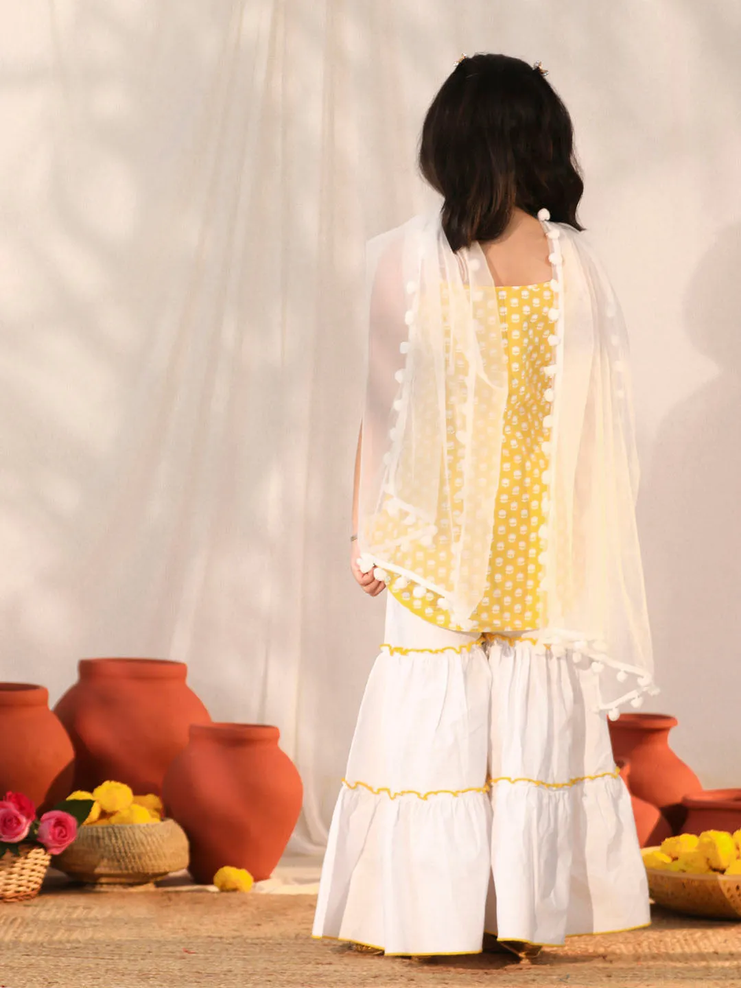 Jashvi Girls' Yellow and White Kurta, Sharara and Dupatta Set