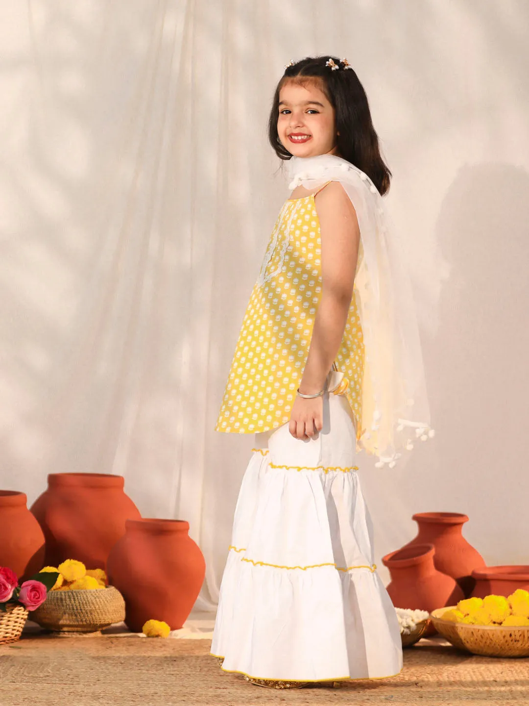 Jashvi Girls' Yellow and White Kurta, Sharara and Dupatta Set