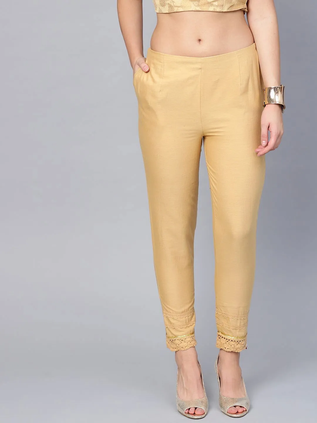 Jashvi Gold Solid Cotton Flex Slim Fit Women Pants With One Pocket