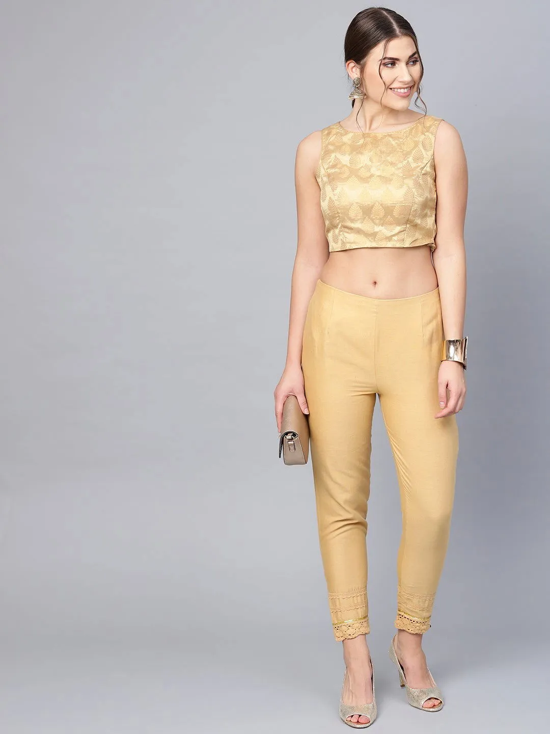 Jashvi Gold Solid Cotton Flex Slim Fit Women Pants With One Pocket