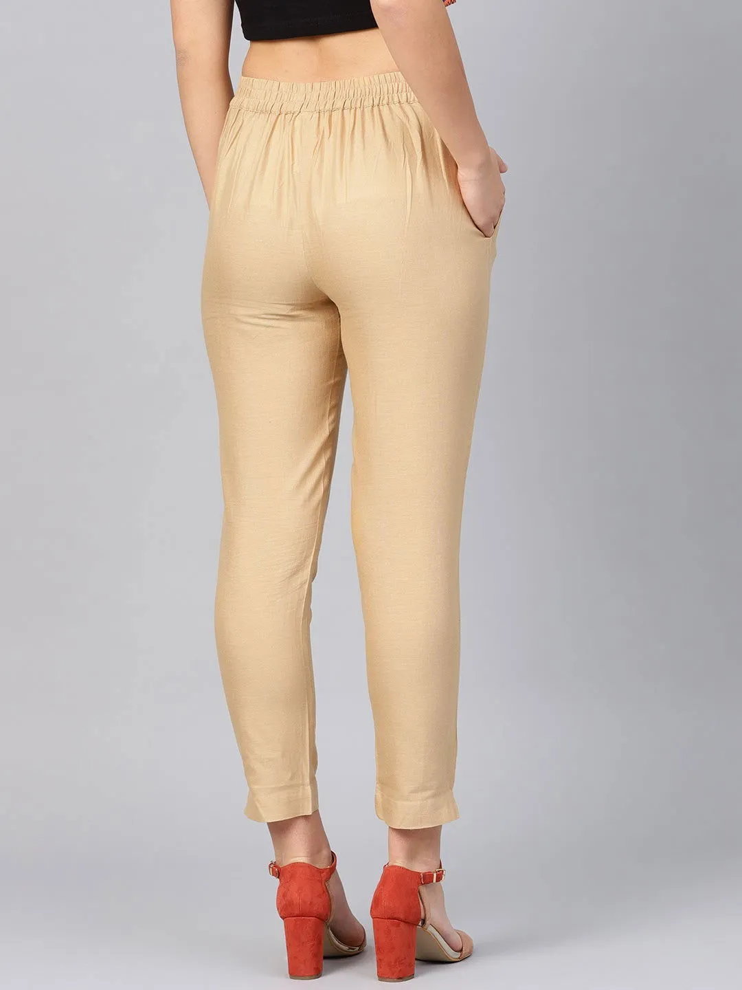 Jashvi Gold Solid Cotton Flex Slim Fit Women Pants With Two Pockets