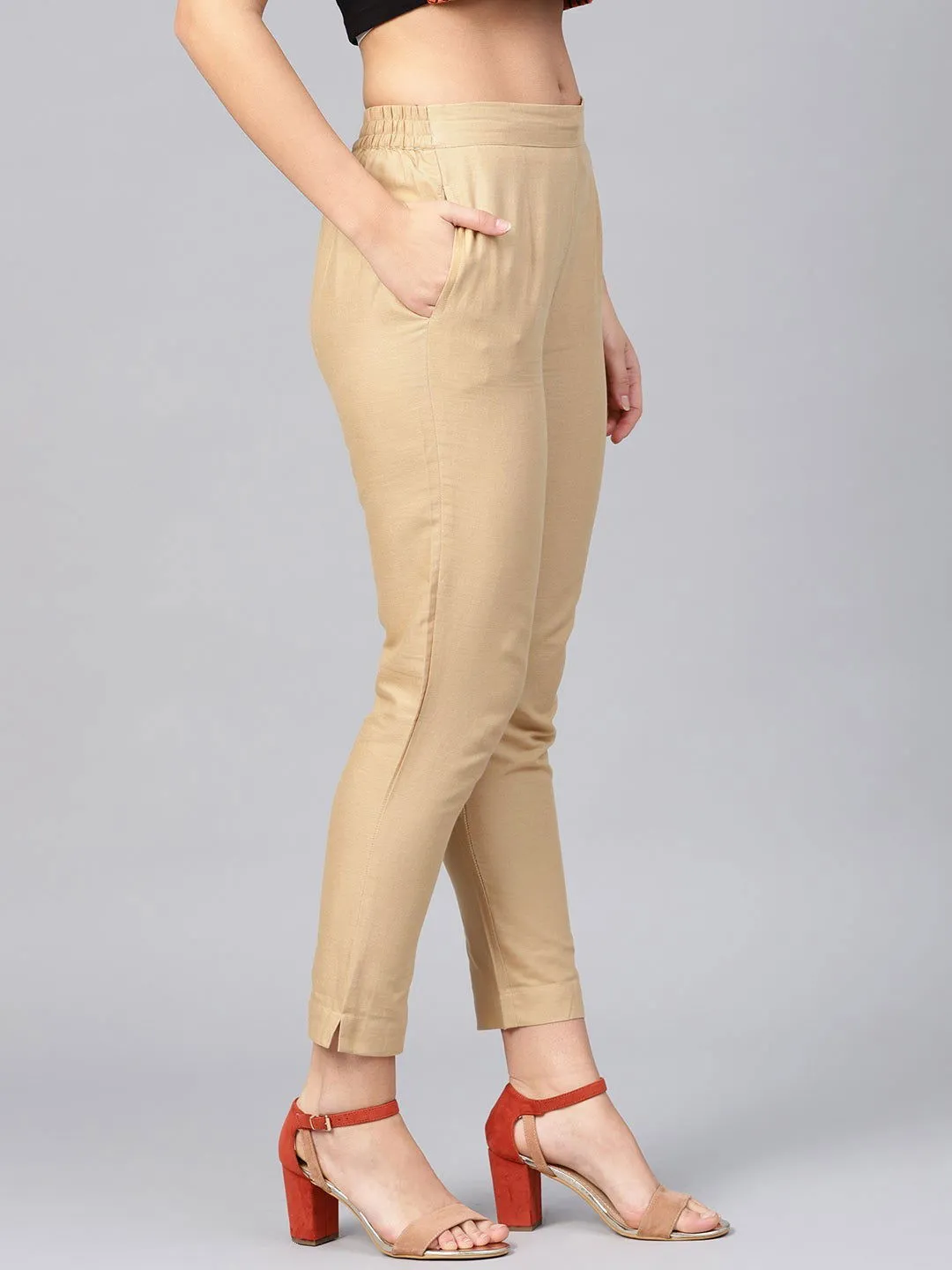 Jashvi Gold Solid Cotton Flex Slim Fit Women Pants With Two Pockets