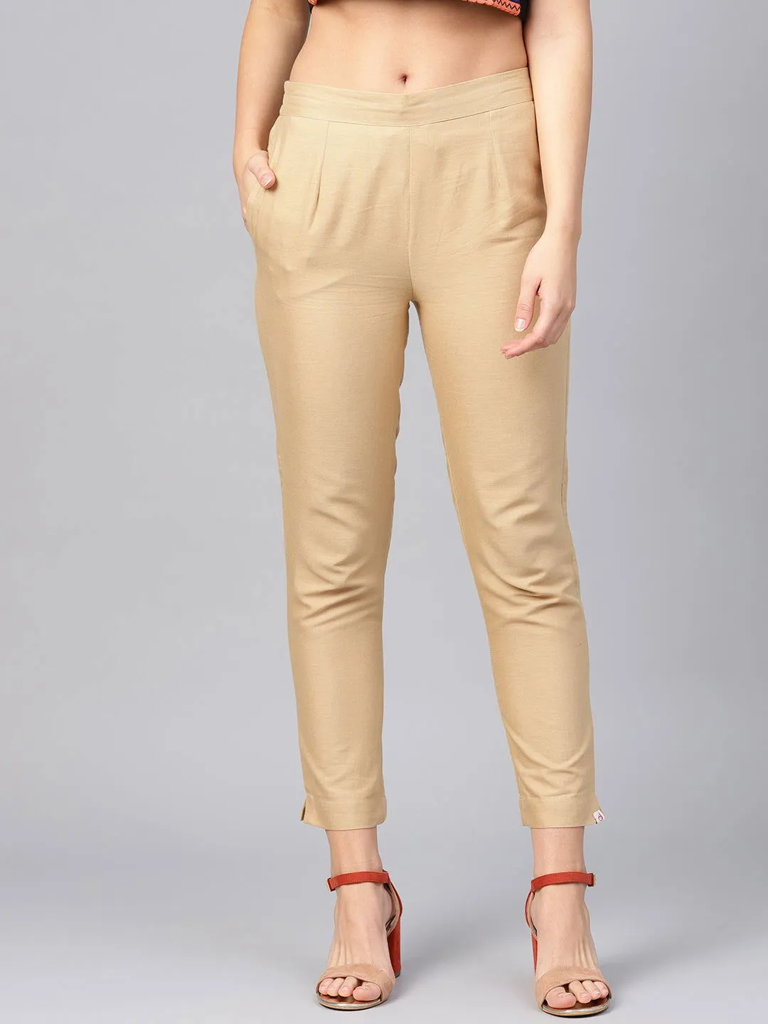 Jashvi Gold Solid Cotton Flex Slim Fit Women Pants With Two Pockets