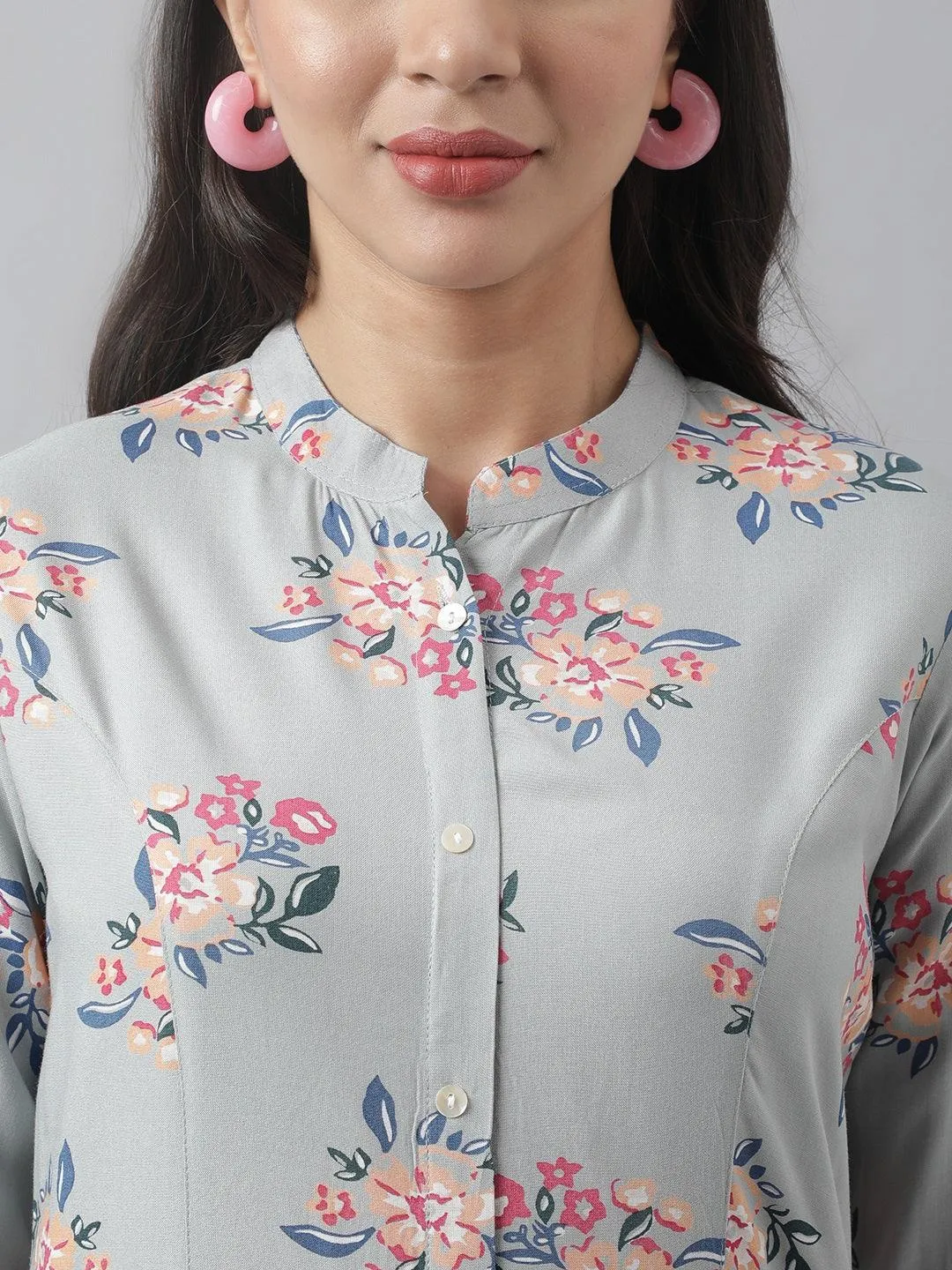 Jashvi Gray Floral Printed Rayon A-line Shirt Style Top