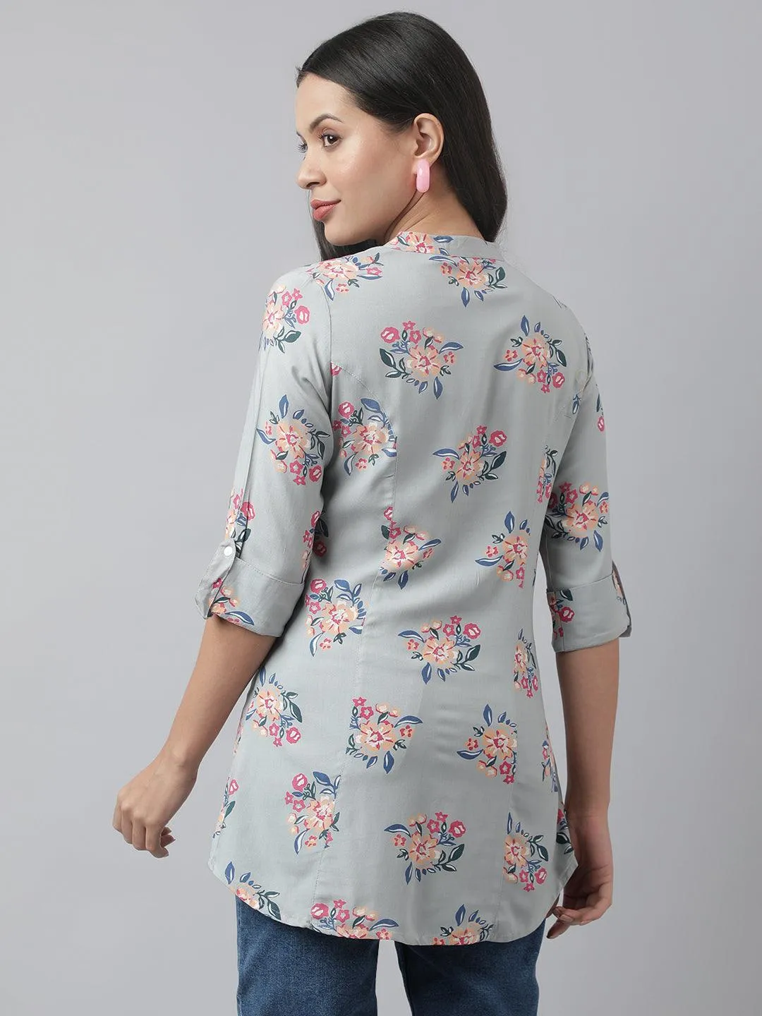 Jashvi Gray Floral Printed Rayon A-line Shirt Style Top