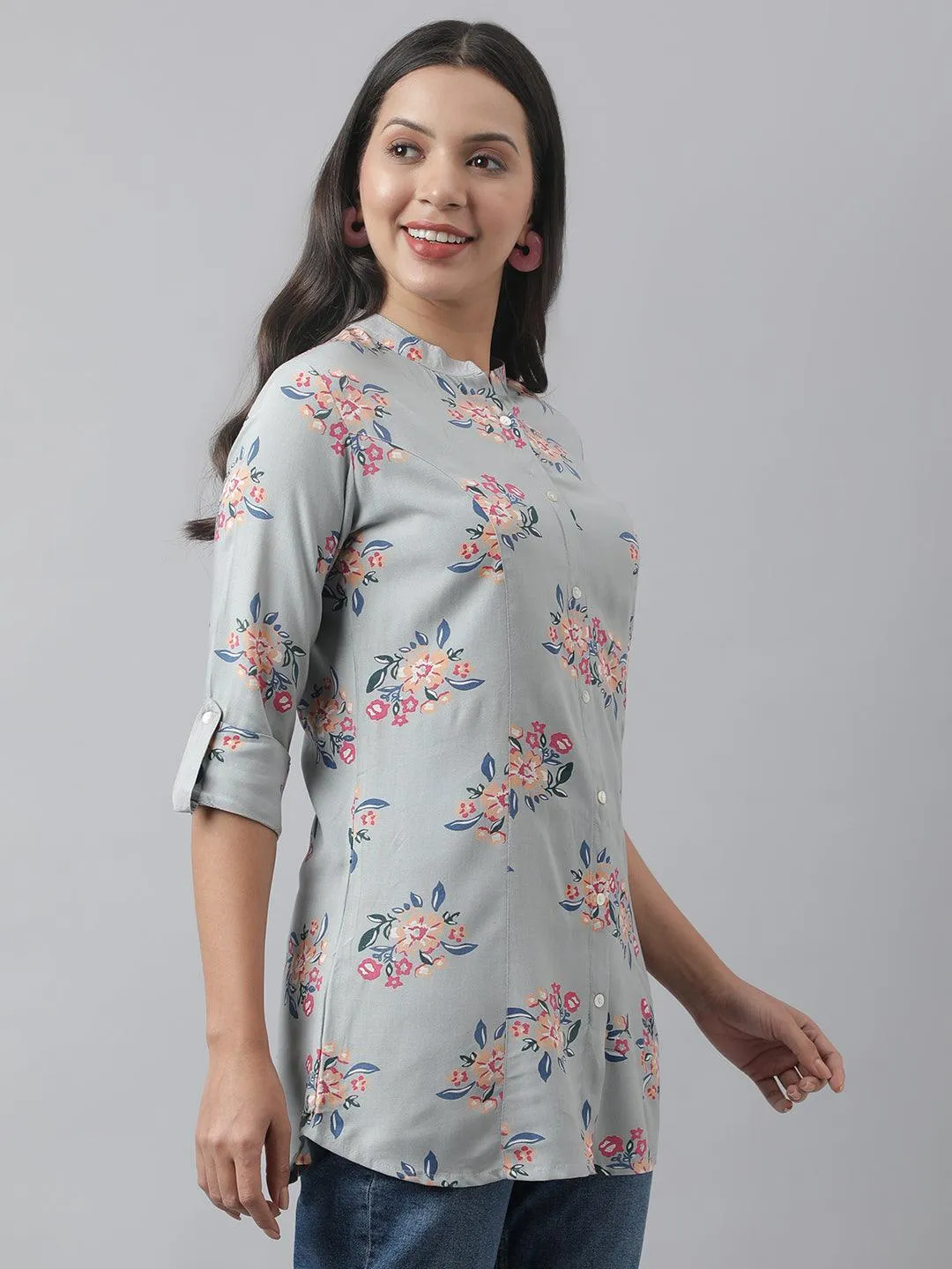 Jashvi Gray Floral Printed Rayon A-line Shirt Style Top