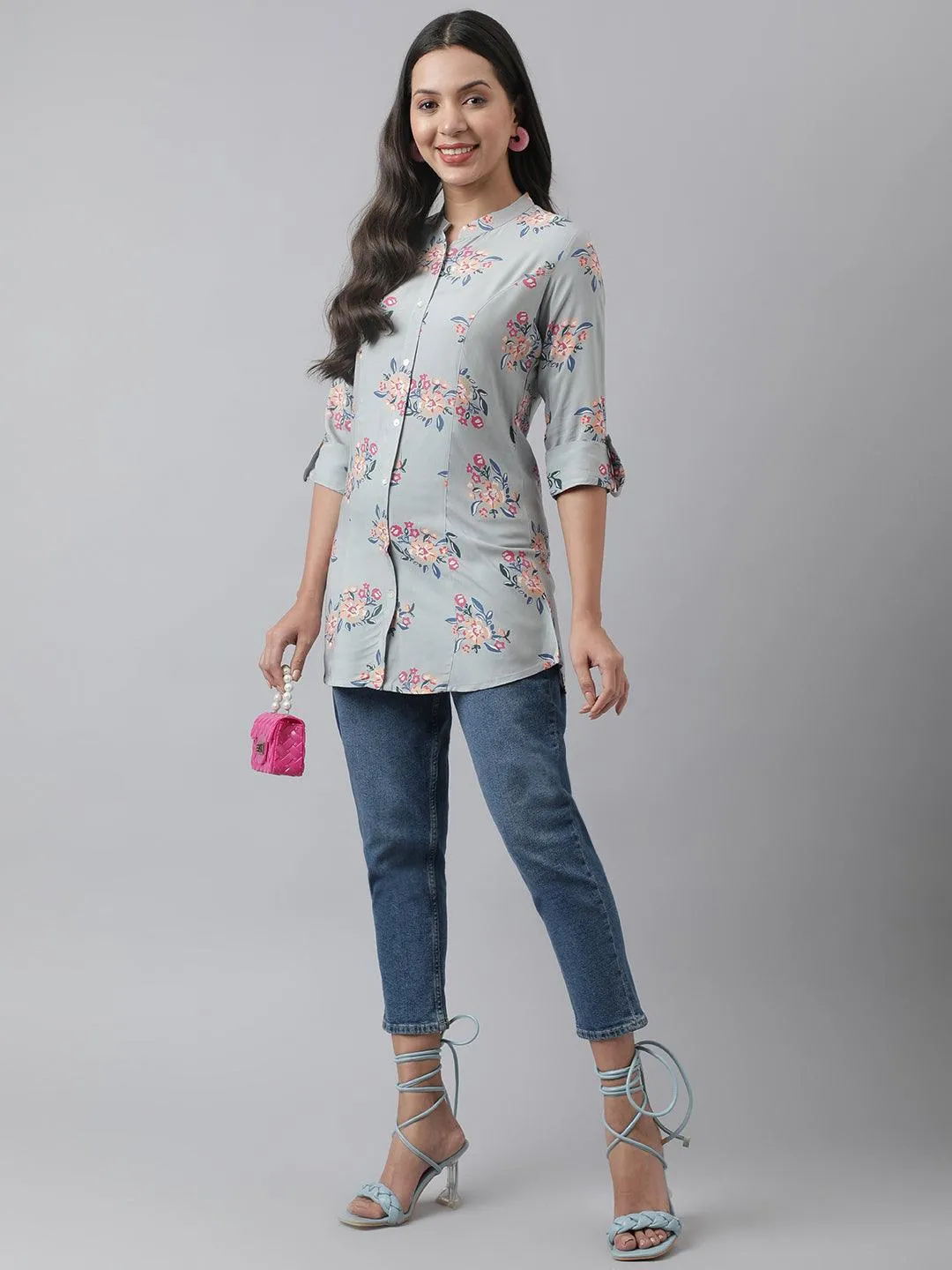 Jashvi Gray Floral Printed Rayon A-line Shirt Style Top