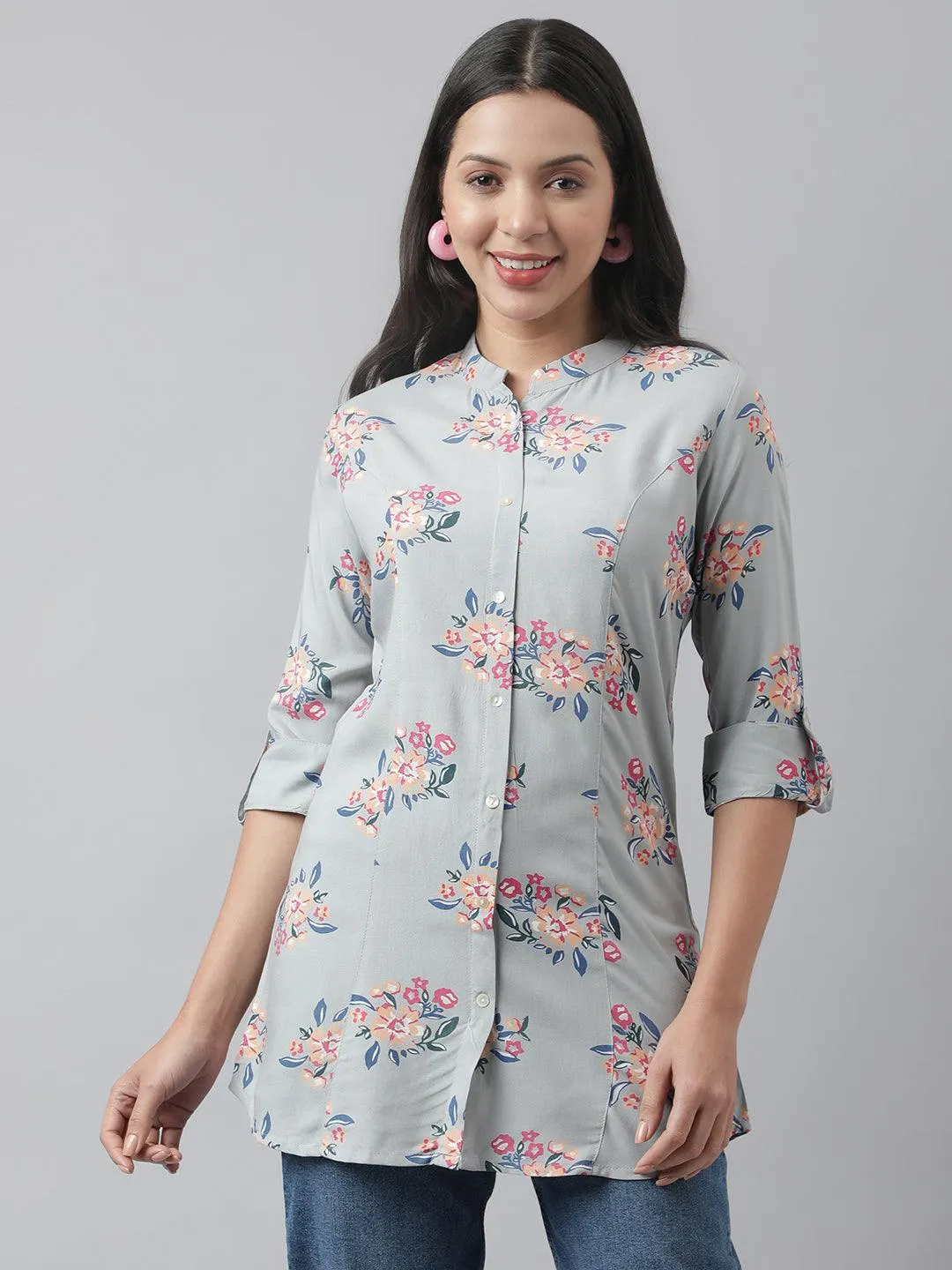 Jashvi Gray Floral Printed Rayon A-line Shirt Style Top