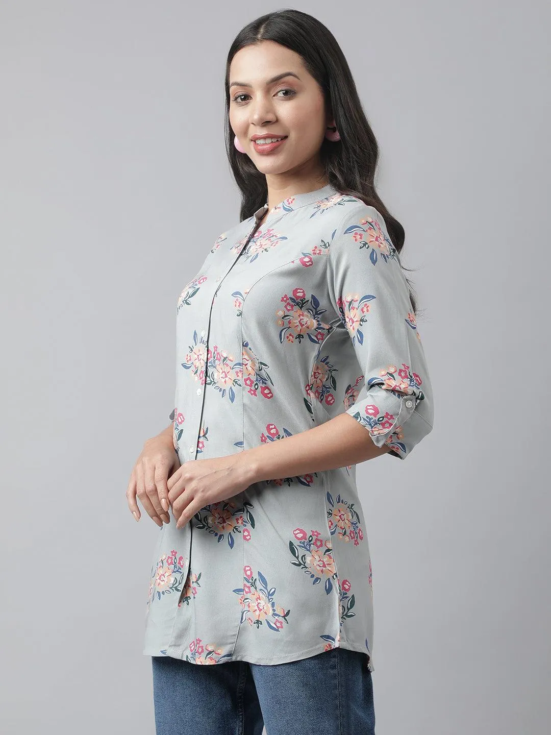 Jashvi Gray Floral Printed Rayon A-line Shirt Style Top