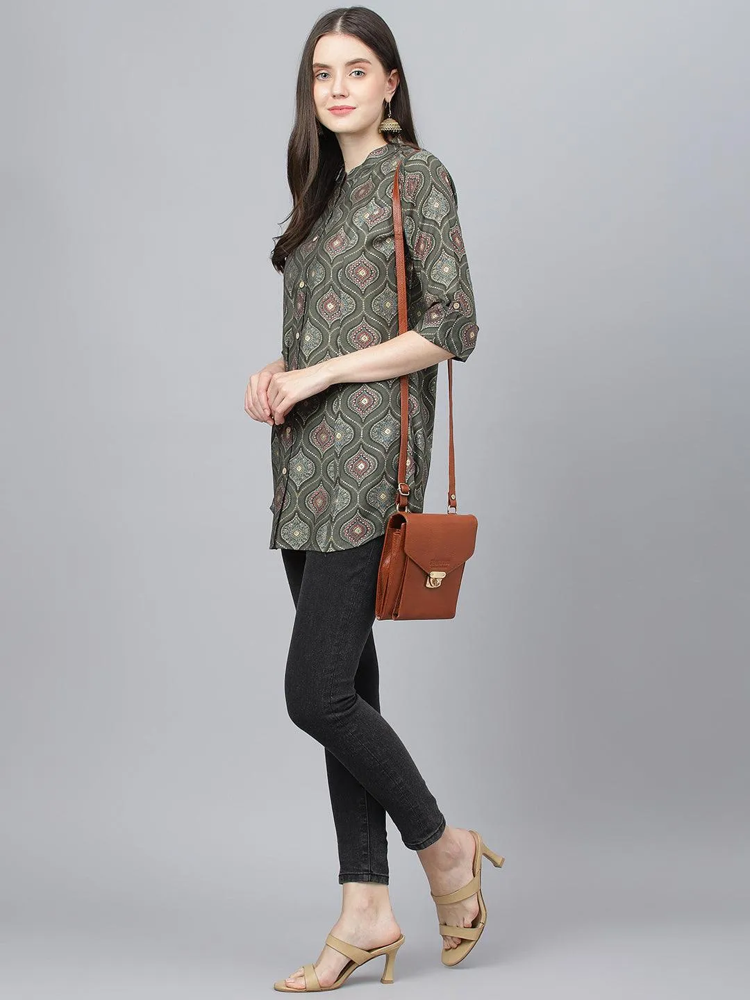 Jashvi Gray Motif Printed Modal A-Line Shirts Style Top