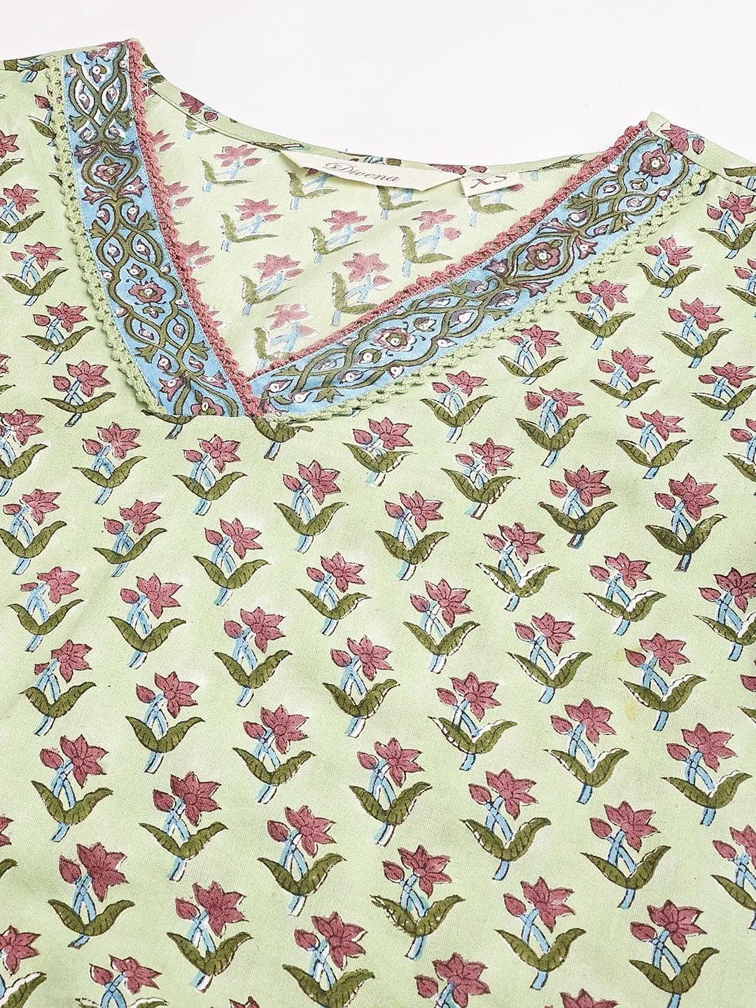 Jashvi Green and white Cotton Hand Block Printed Kurta Pant set with Dupatta