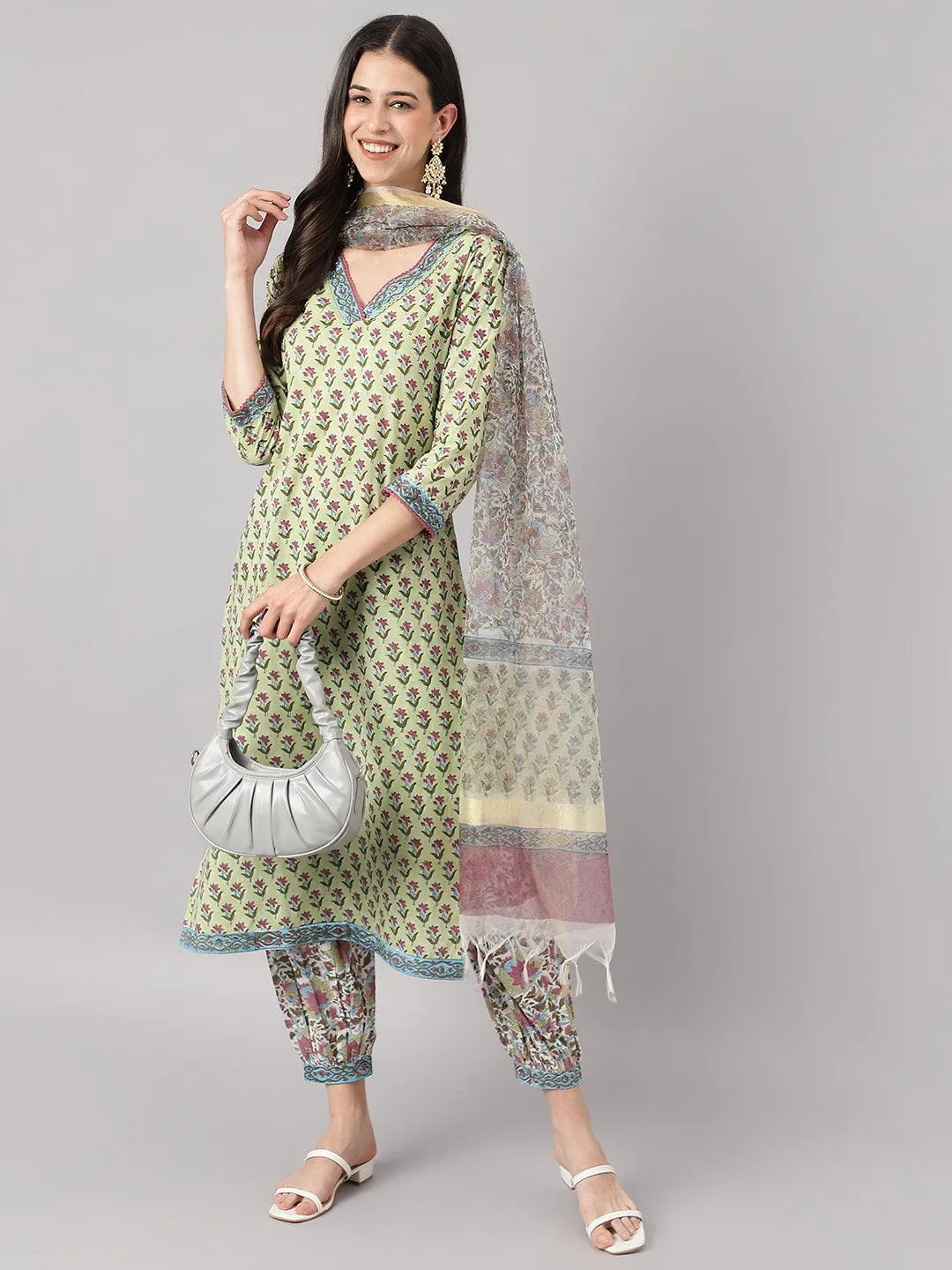 Jashvi Green and white Cotton Hand Block Printed Kurta Pant set with Dupatta