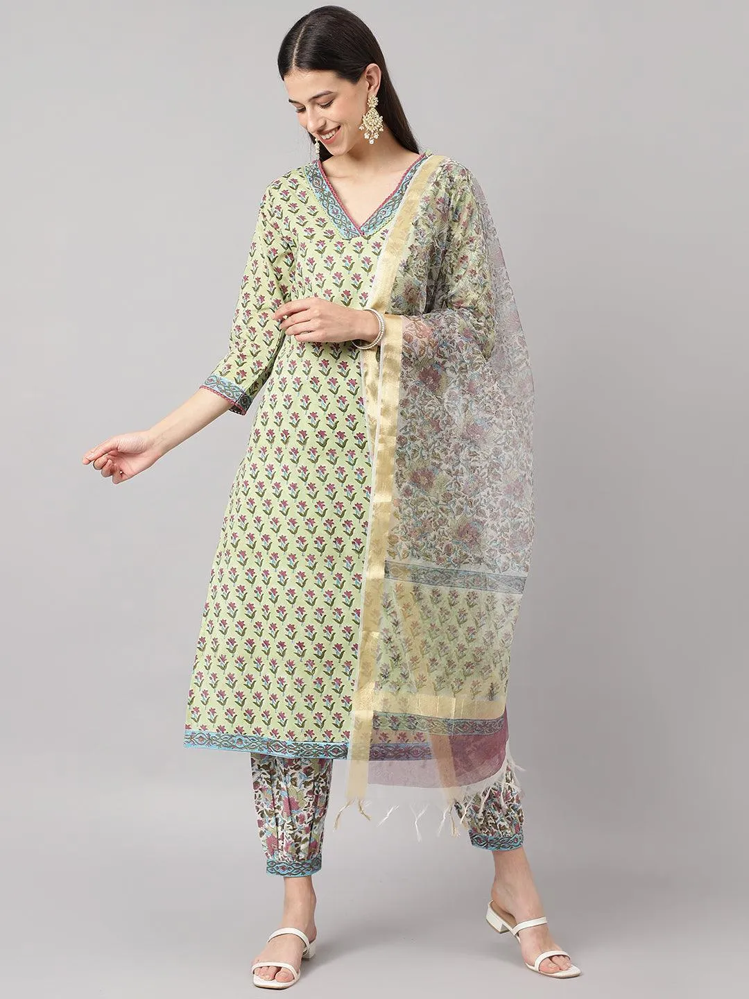 Jashvi Green and white Cotton Hand Block Printed Kurta Pant set with Dupatta