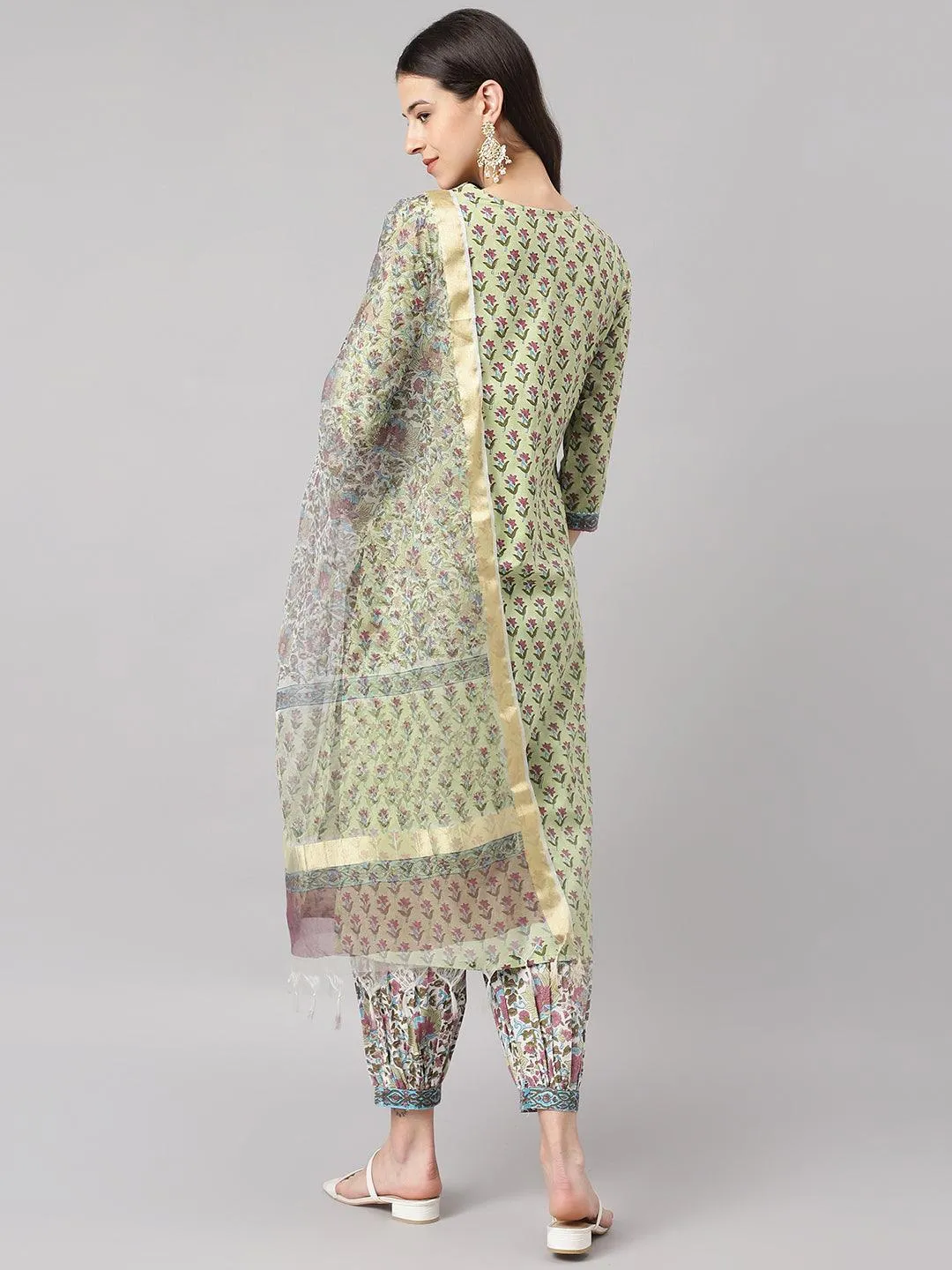 Jashvi Green and white Cotton Hand Block Printed Kurta Pant set with Dupatta