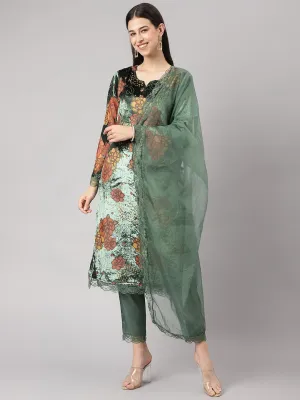 Jashvi Green Burn out Velvet Kurta Harem Pant with Organza Dupatta