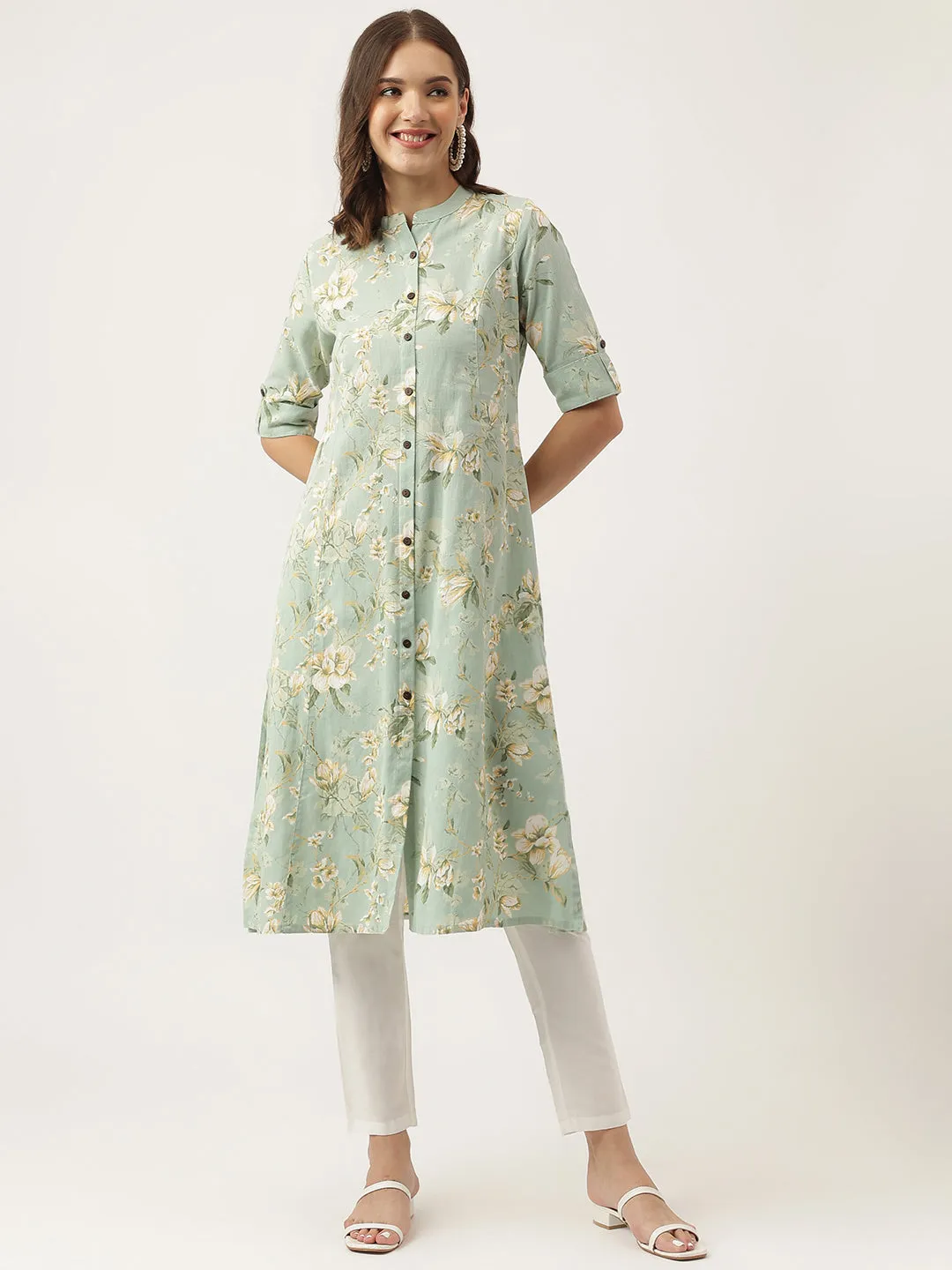 Jashvi Green Cotton Ethnic Motifs Floral Print Kurta