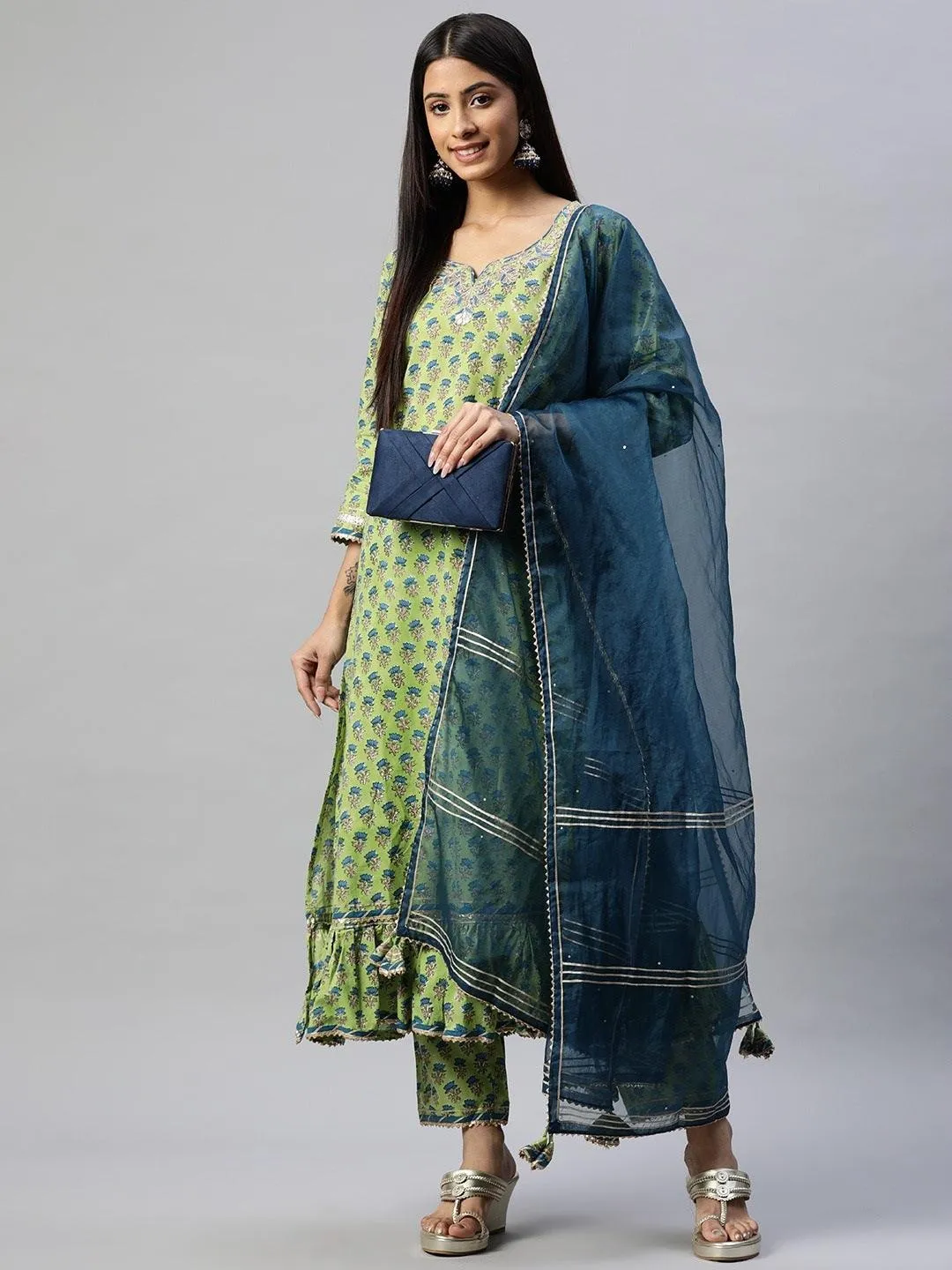 Jashvi Green Cotton Hand Block Printed Kurta Pant set with Dupatta