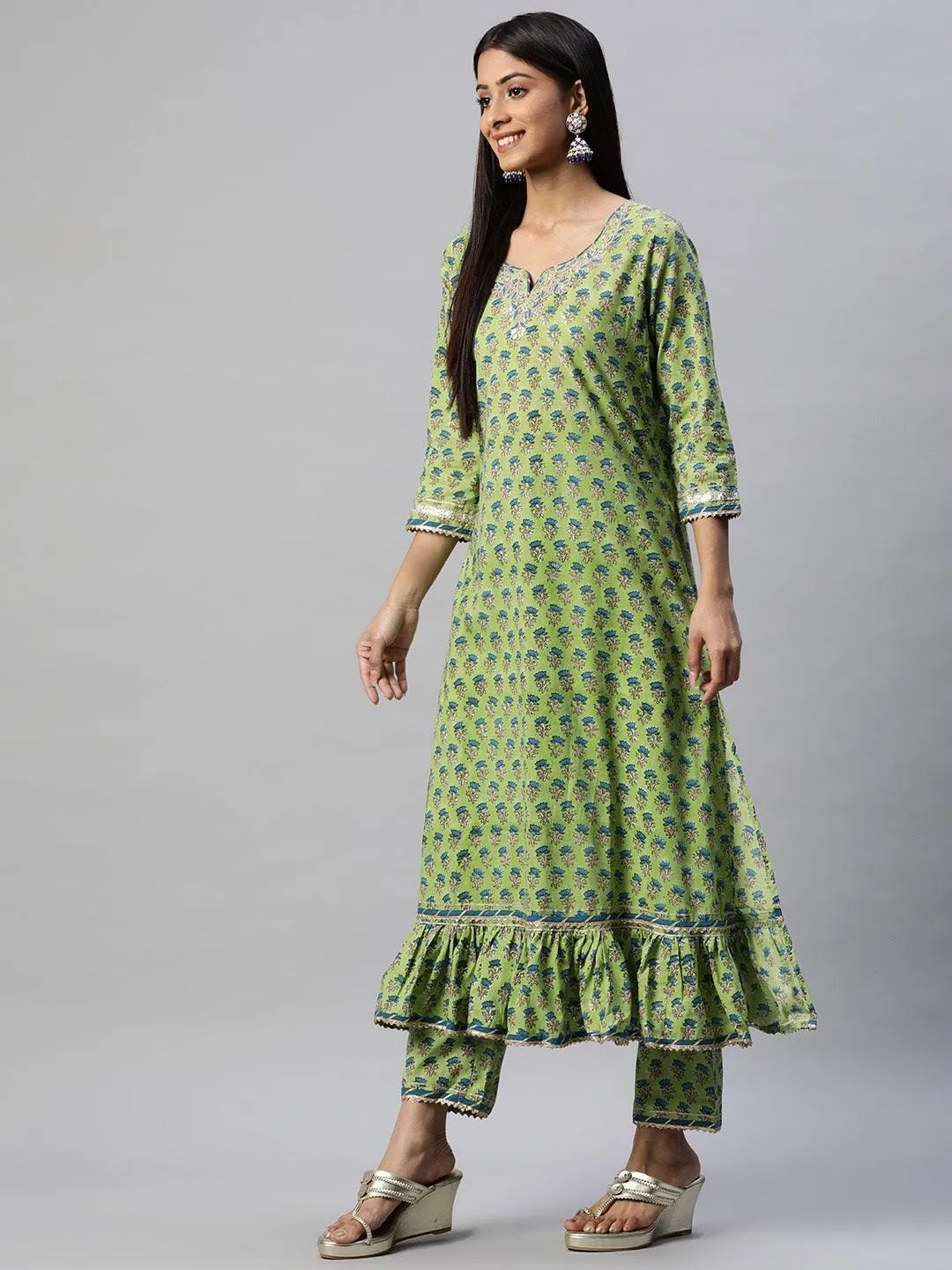 Jashvi Green Cotton Hand Block Printed Kurta Pant set with Dupatta