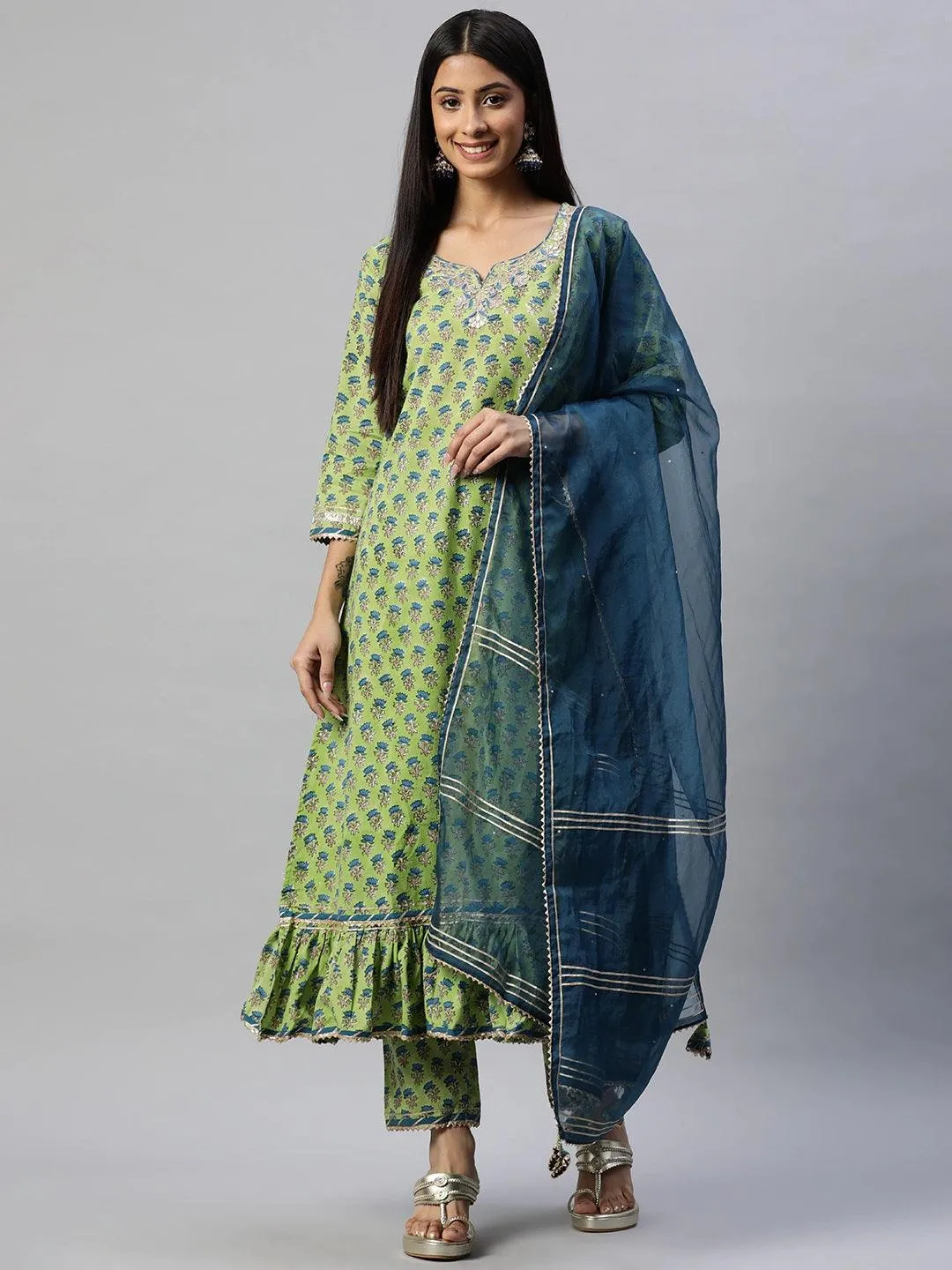 Jashvi Green Cotton Hand Block Printed Kurta Pant set with Dupatta