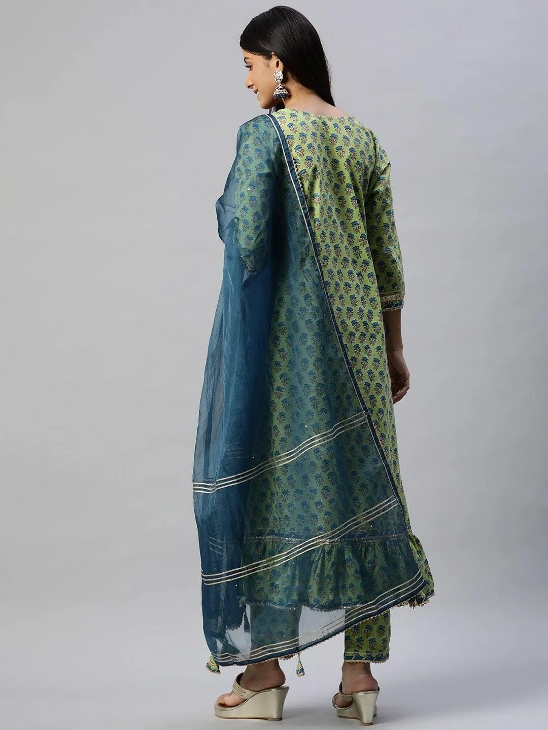 Jashvi Green Cotton Hand Block Printed Kurta Pant set with Dupatta