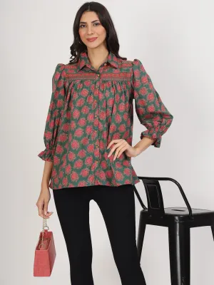 Jashvi Green Cotton Peplum FitCollar Neck top for Women