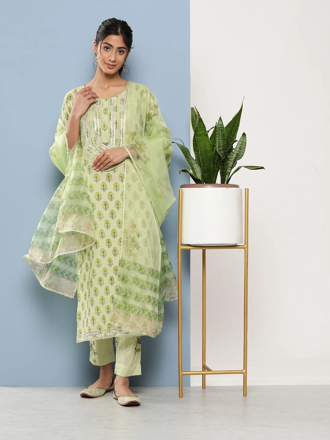 Jashvi Green Cotton Straight pant set with Organza Dupatta