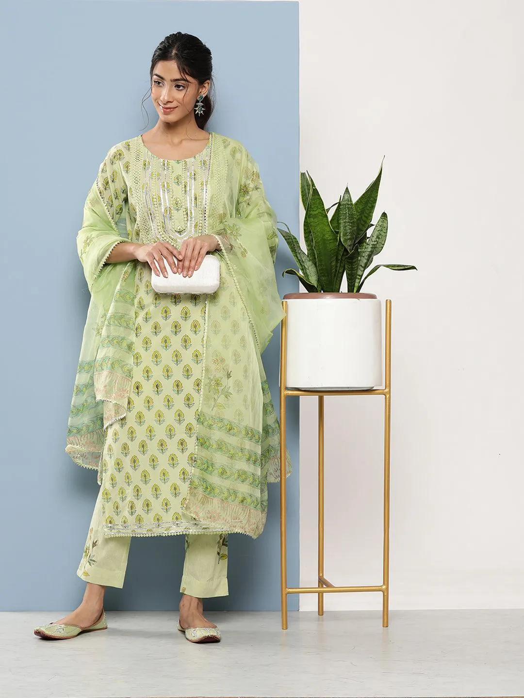 Jashvi Green Cotton Straight pant set with Organza Dupatta