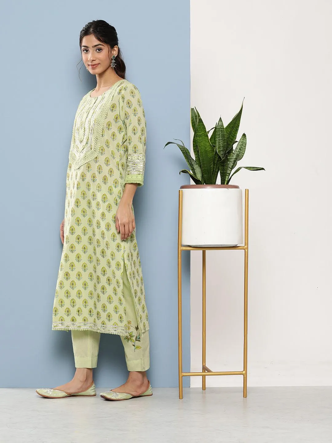 Jashvi Green Cotton Straight pant set with Organza Dupatta