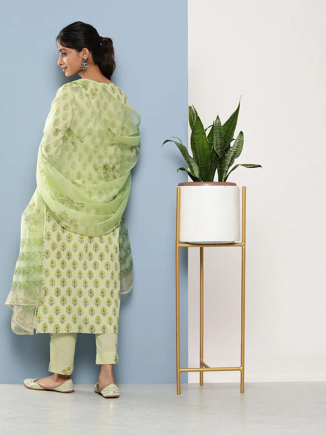 Jashvi Green Cotton Straight pant set with Organza Dupatta