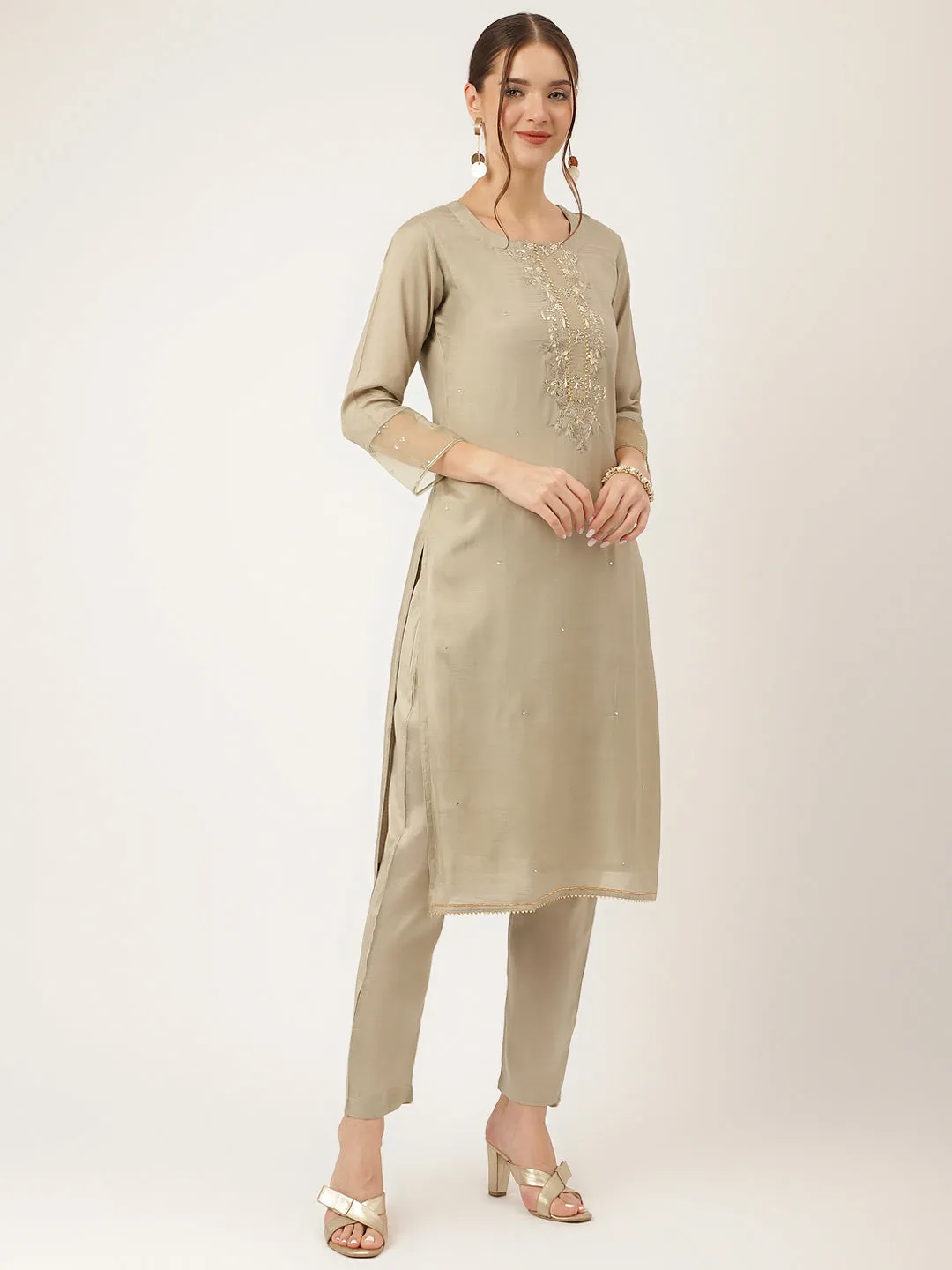 Jashvi Green Embroidered Chanderi  Kurta, Trouser and Dupatta