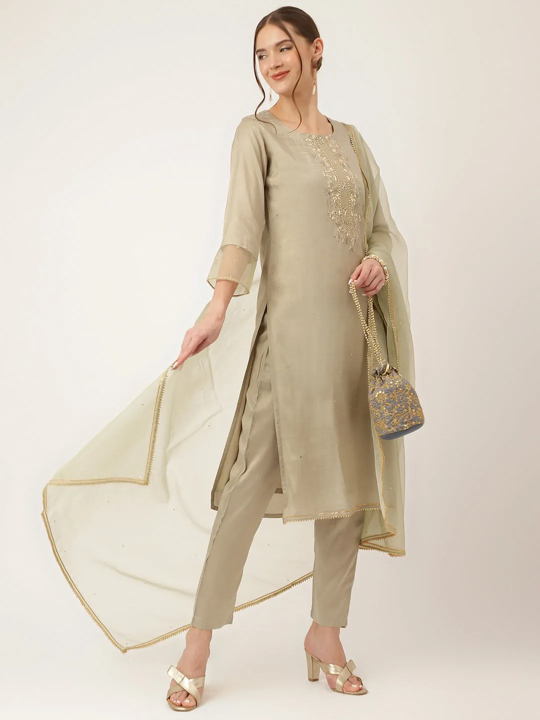 Jashvi Green Embroidered Chanderi  Kurta, Trouser and Dupatta