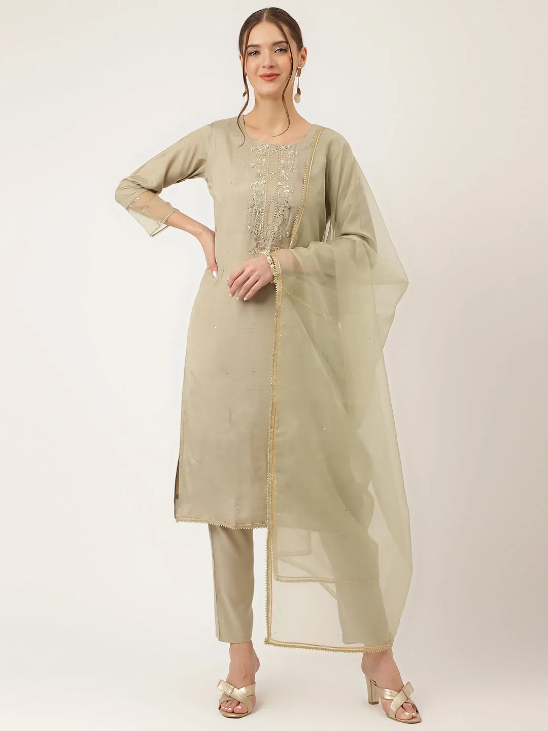 Jashvi Green Embroidered Chanderi  Kurta, Trouser and Dupatta