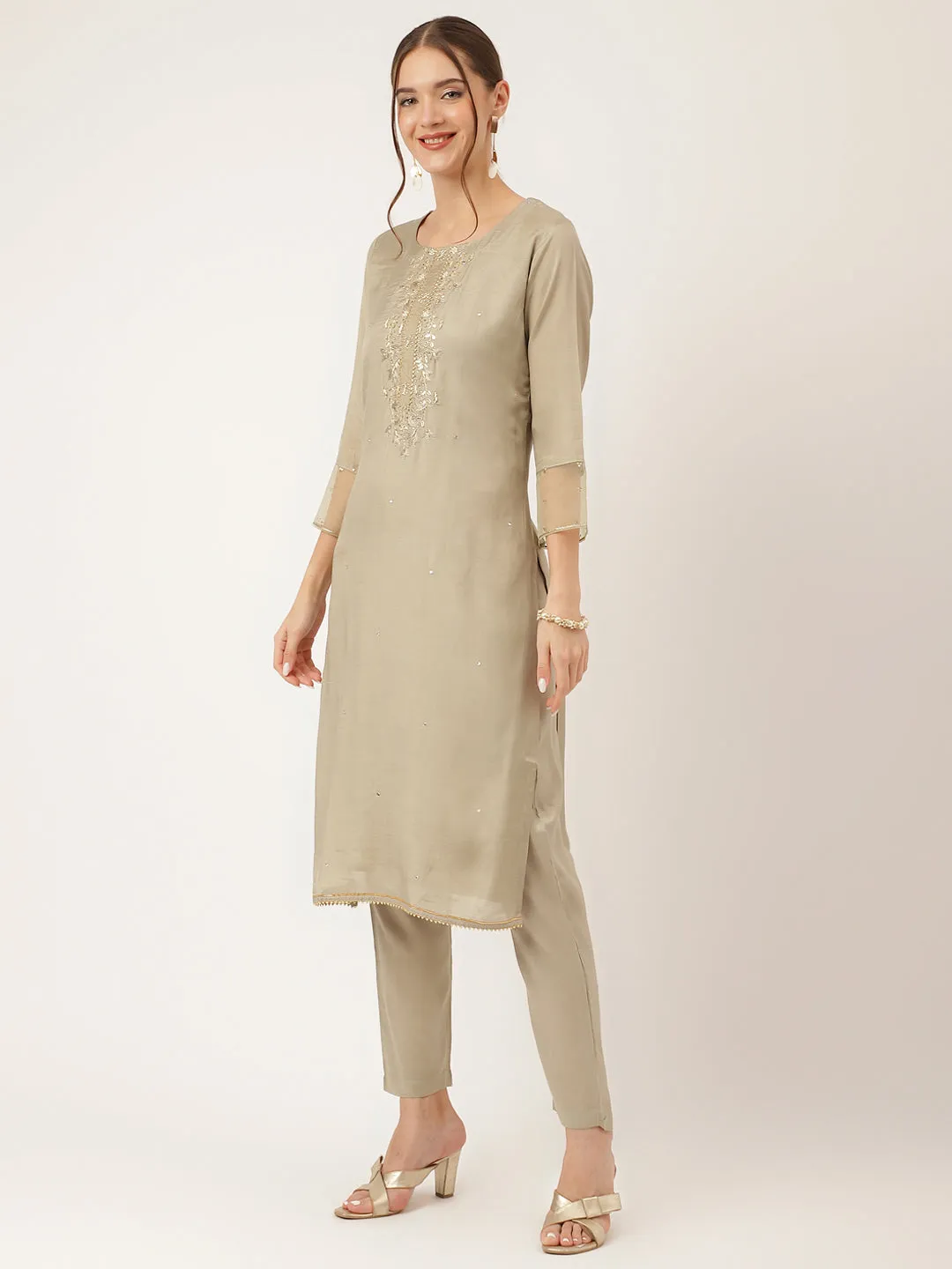 Jashvi Green Embroidered Chanderi  Kurta, Trouser and Dupatta