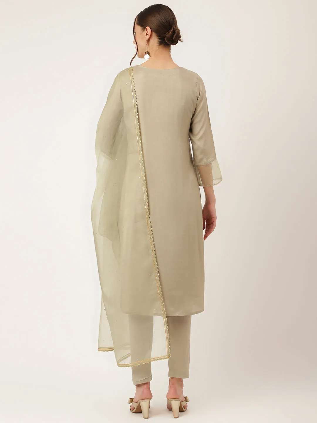 Jashvi Green Embroidered Chanderi  Kurta, Trouser and Dupatta