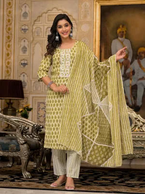 Jashvi Green Ethnic Motif Printed Cotton Kurta, Pant And Dupatta Set With Thread & Mirror Work