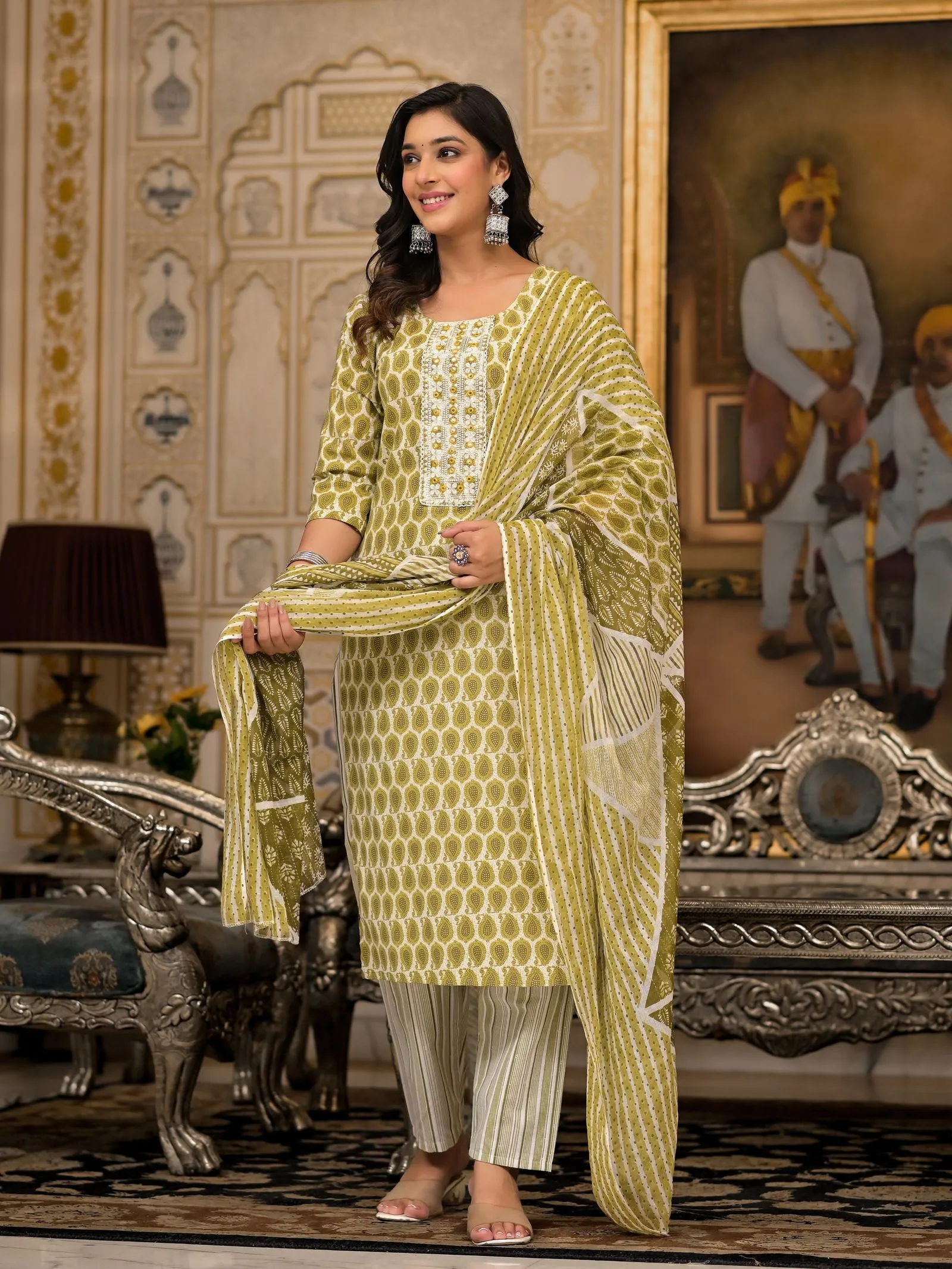 Jashvi Green Ethnic Motif Printed Cotton Kurta, Pant And Dupatta Set With Thread & Mirror Work