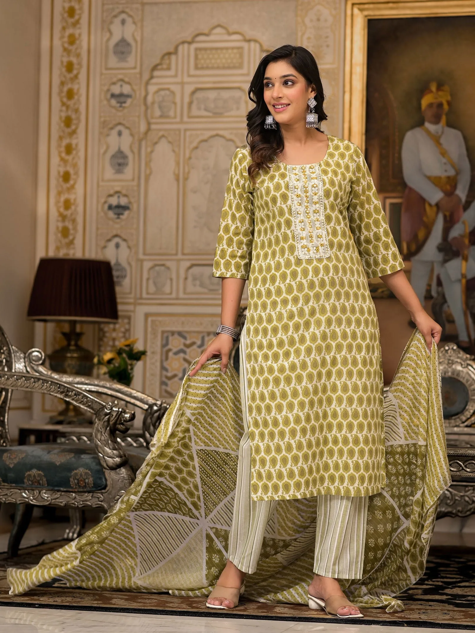 Jashvi Green Ethnic Motif Printed Cotton Kurta, Pant And Dupatta Set With Thread & Mirror Work