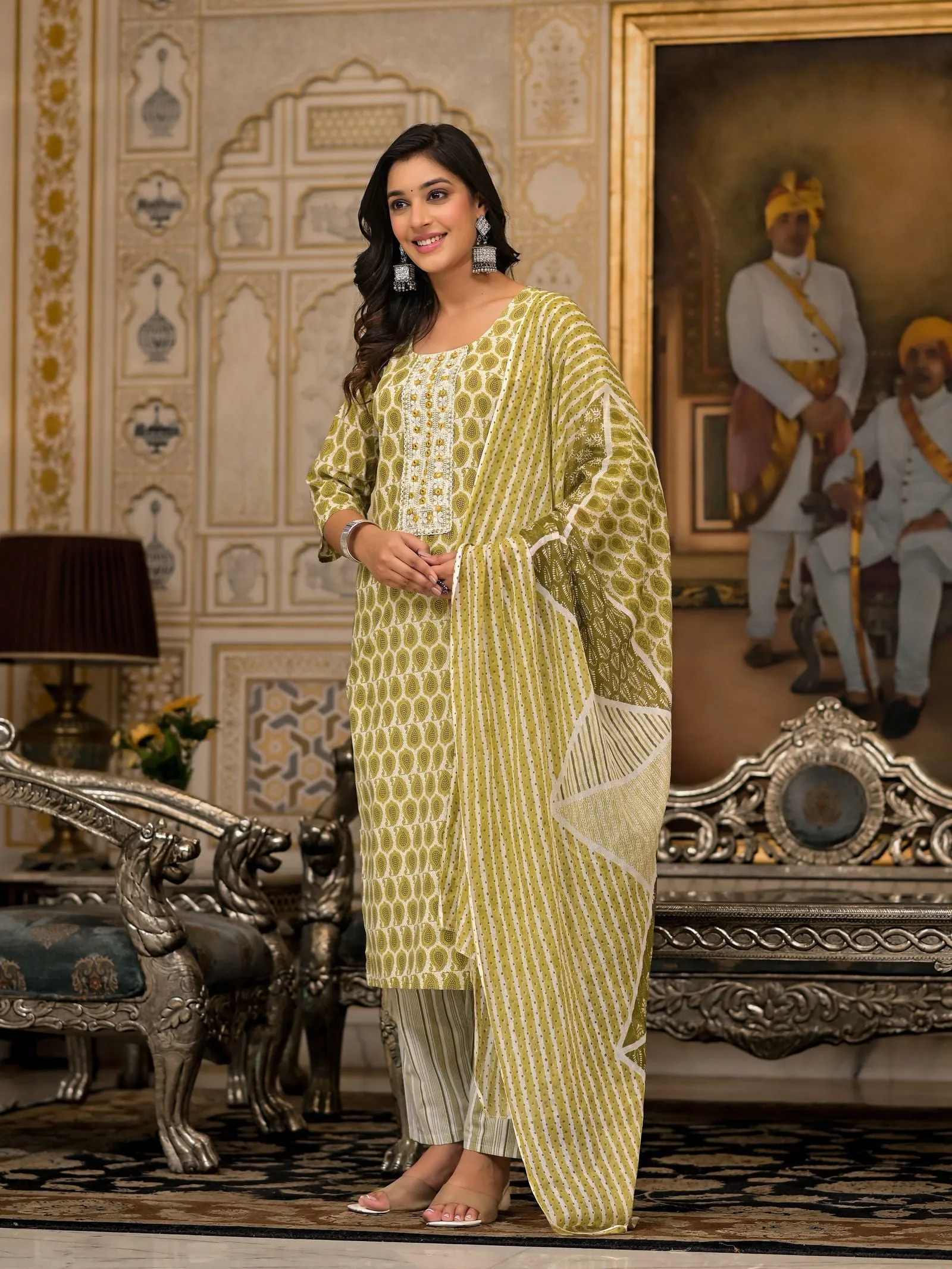 Jashvi Green Ethnic Motif Printed Cotton Kurta, Pant And Dupatta Set With Thread & Mirror Work