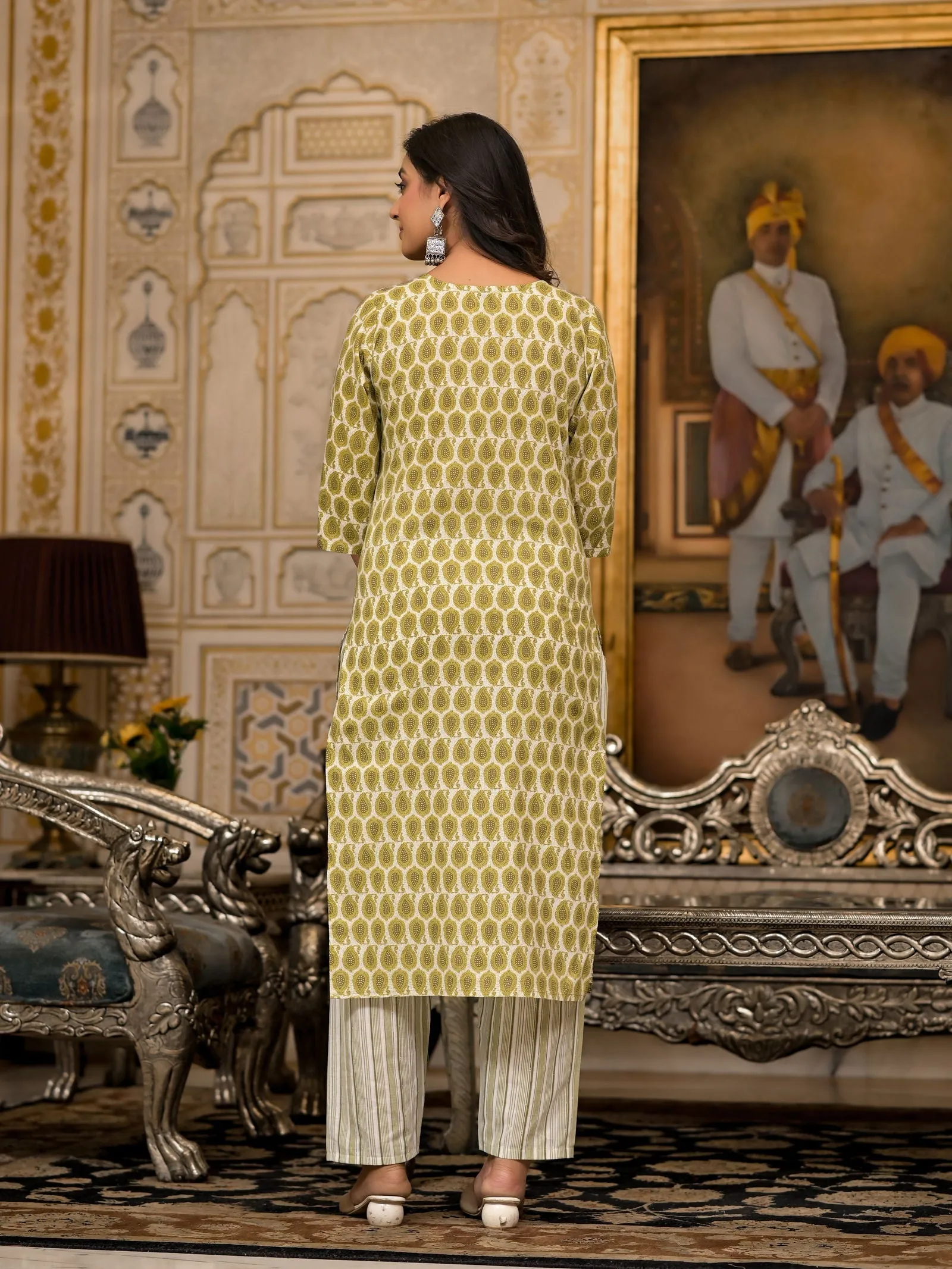 Jashvi Green Ethnic Motif Printed Cotton Kurta, Pant And Dupatta Set With Thread & Mirror Work