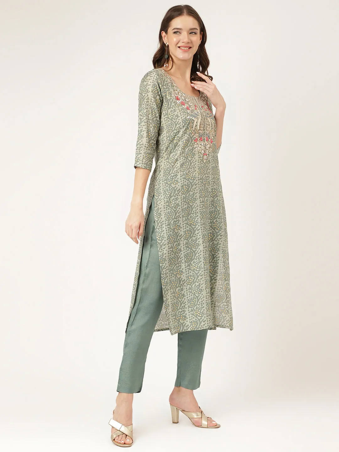 Jashvi Green Floral Print Chanderi Kurta, Trouser With Dupatta