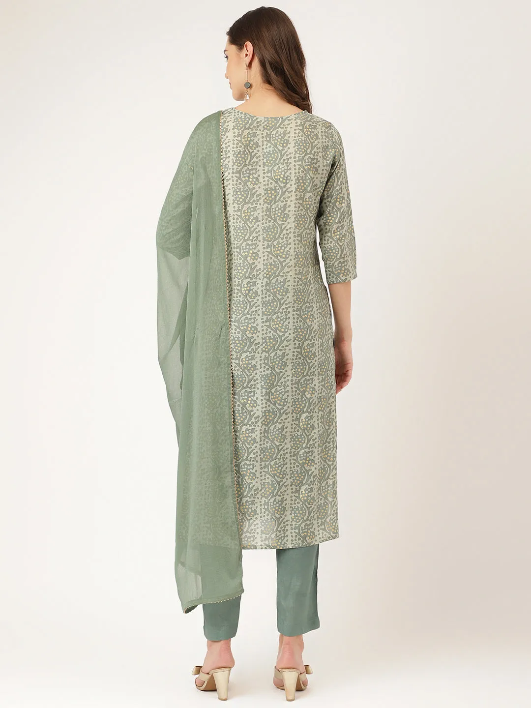 Jashvi Green Floral Print Chanderi Kurta, Trouser With Dupatta