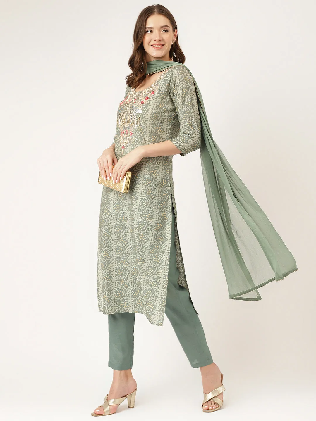 Jashvi Green Floral Print Chanderi Kurta, Trouser With Dupatta