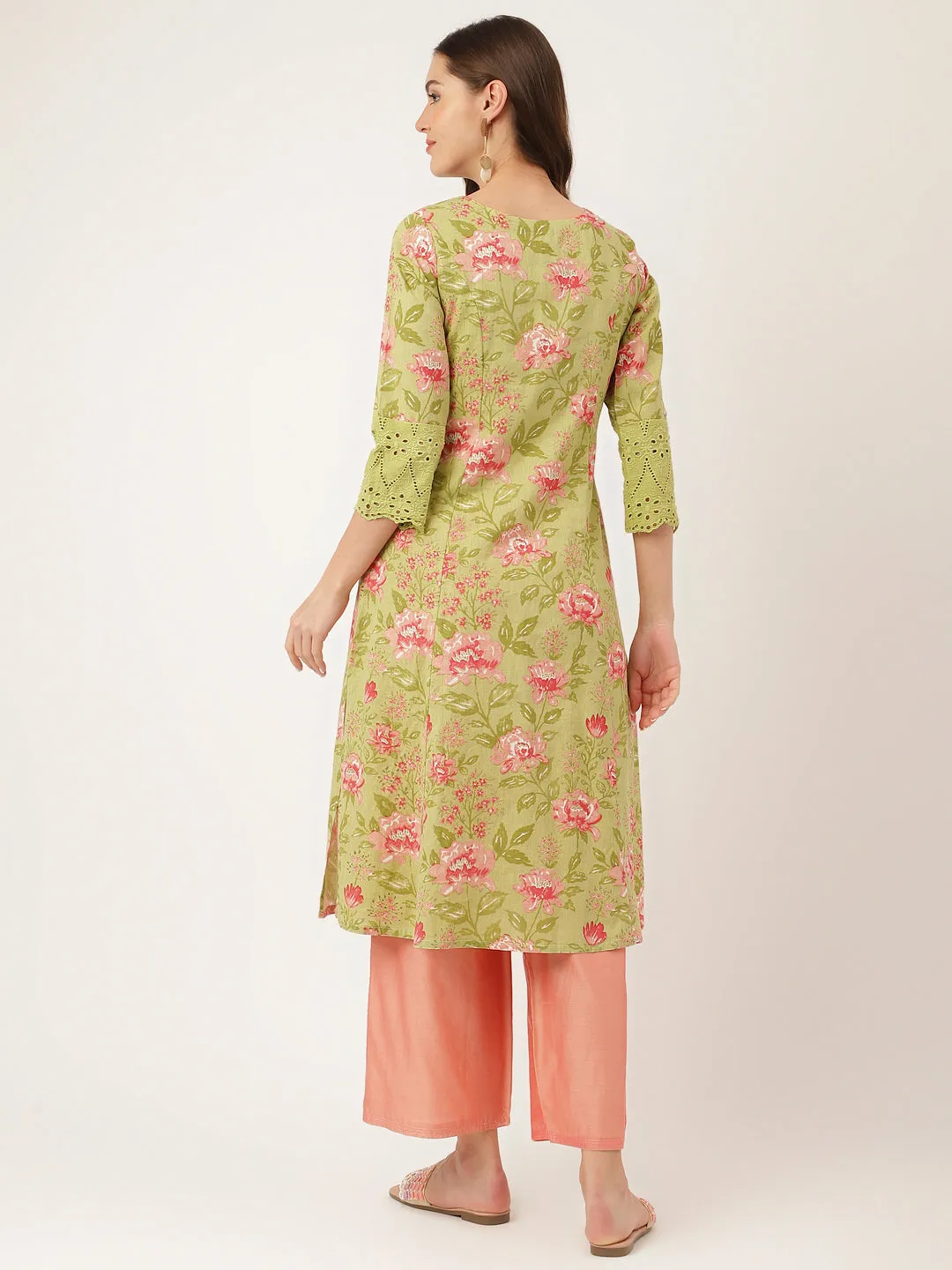 Jashvi Green Floral Print Cotton A-Line Kurta