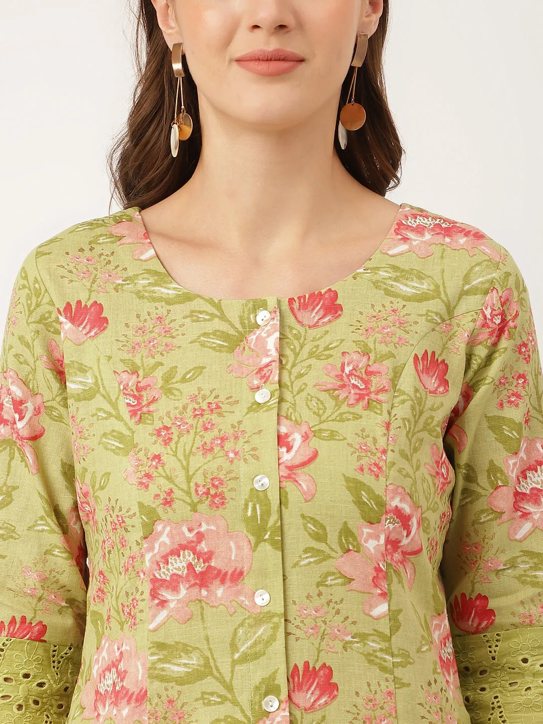 Jashvi Green Floral Print Cotton A-Line Kurta