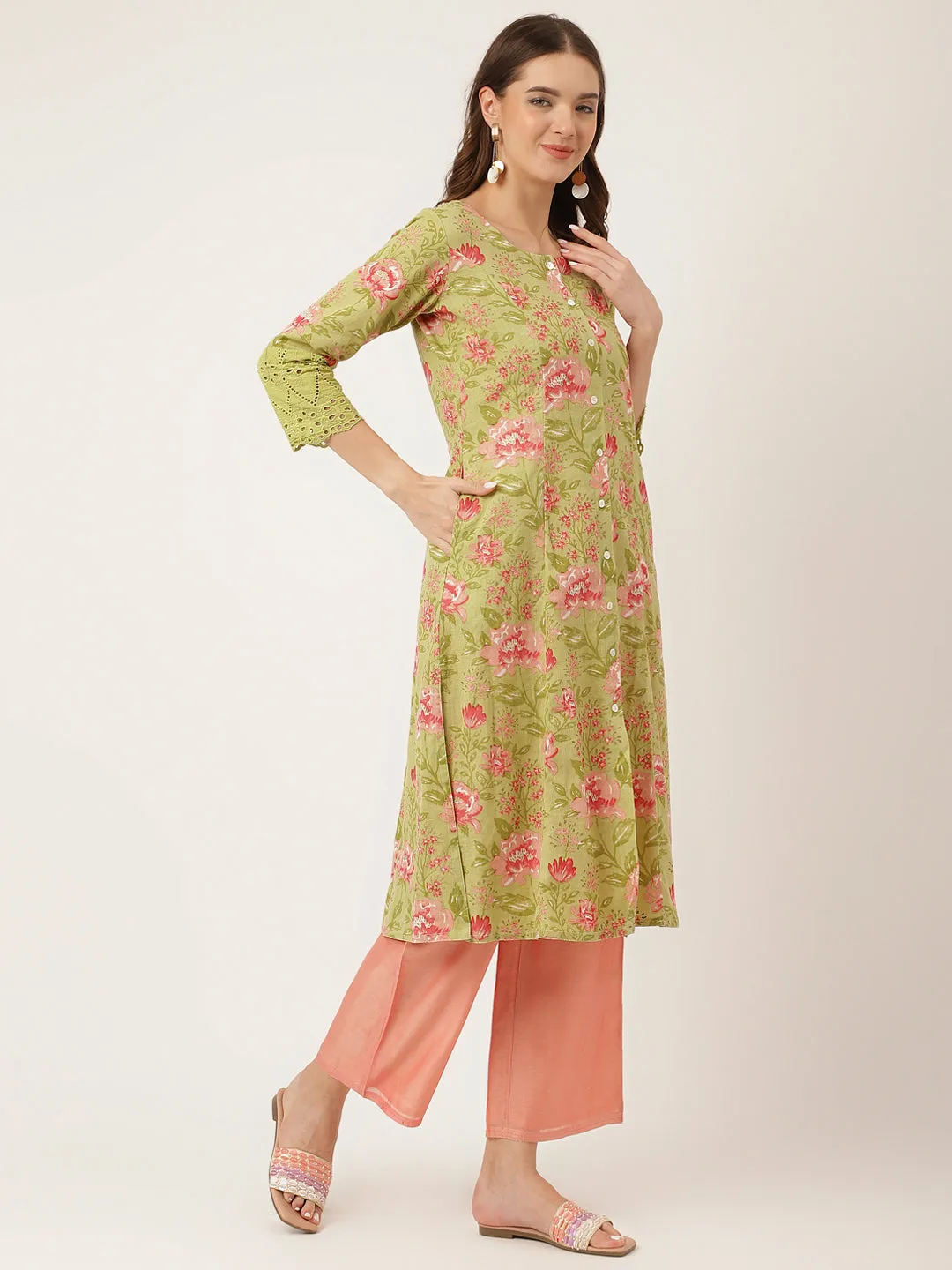 Jashvi Green Floral Print Cotton A-Line Kurta