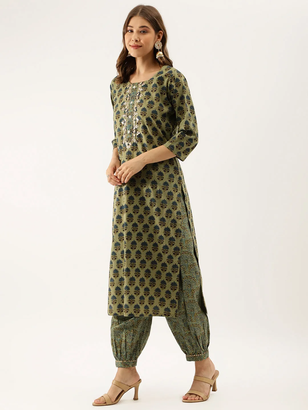 Jashvi Green Floral Print Cotton Embroidered Kurta set with Dupatta