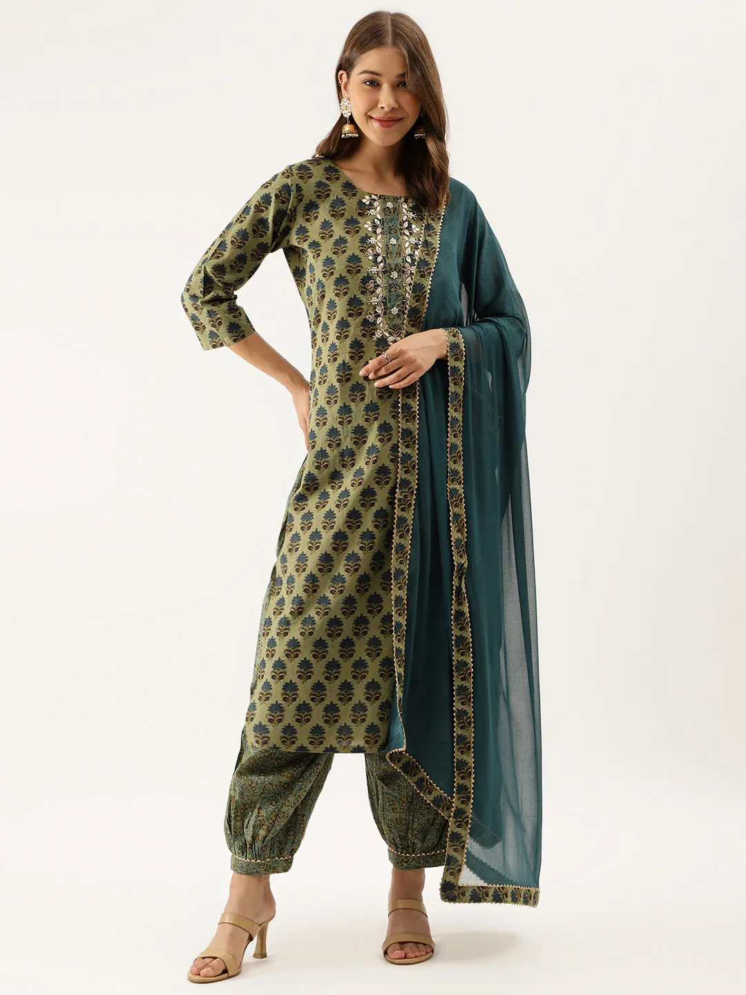 Jashvi Green Floral Print Cotton Embroidered Kurta set with Dupatta