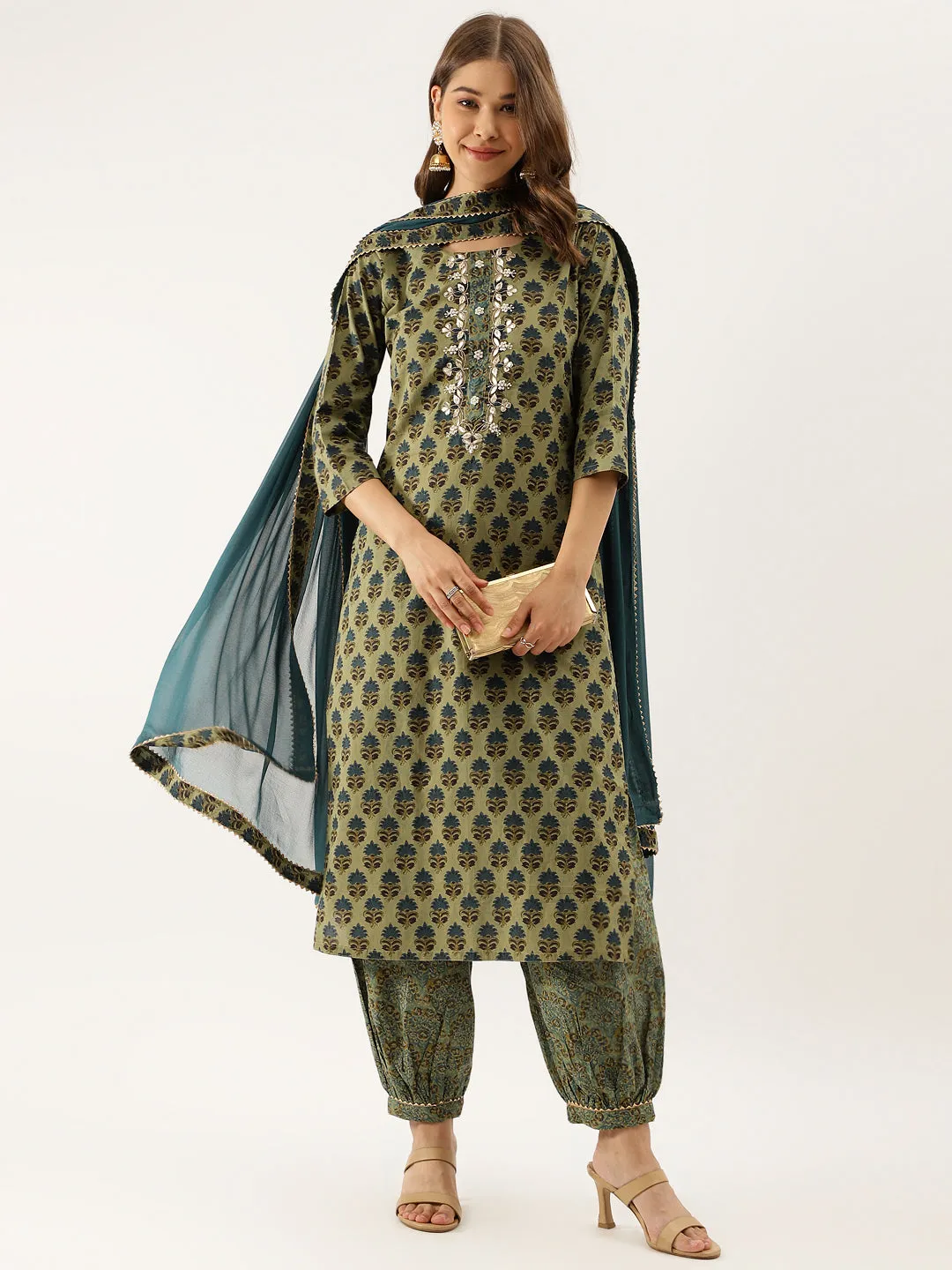 Jashvi Green Floral Print Cotton Embroidered Kurta set with Dupatta