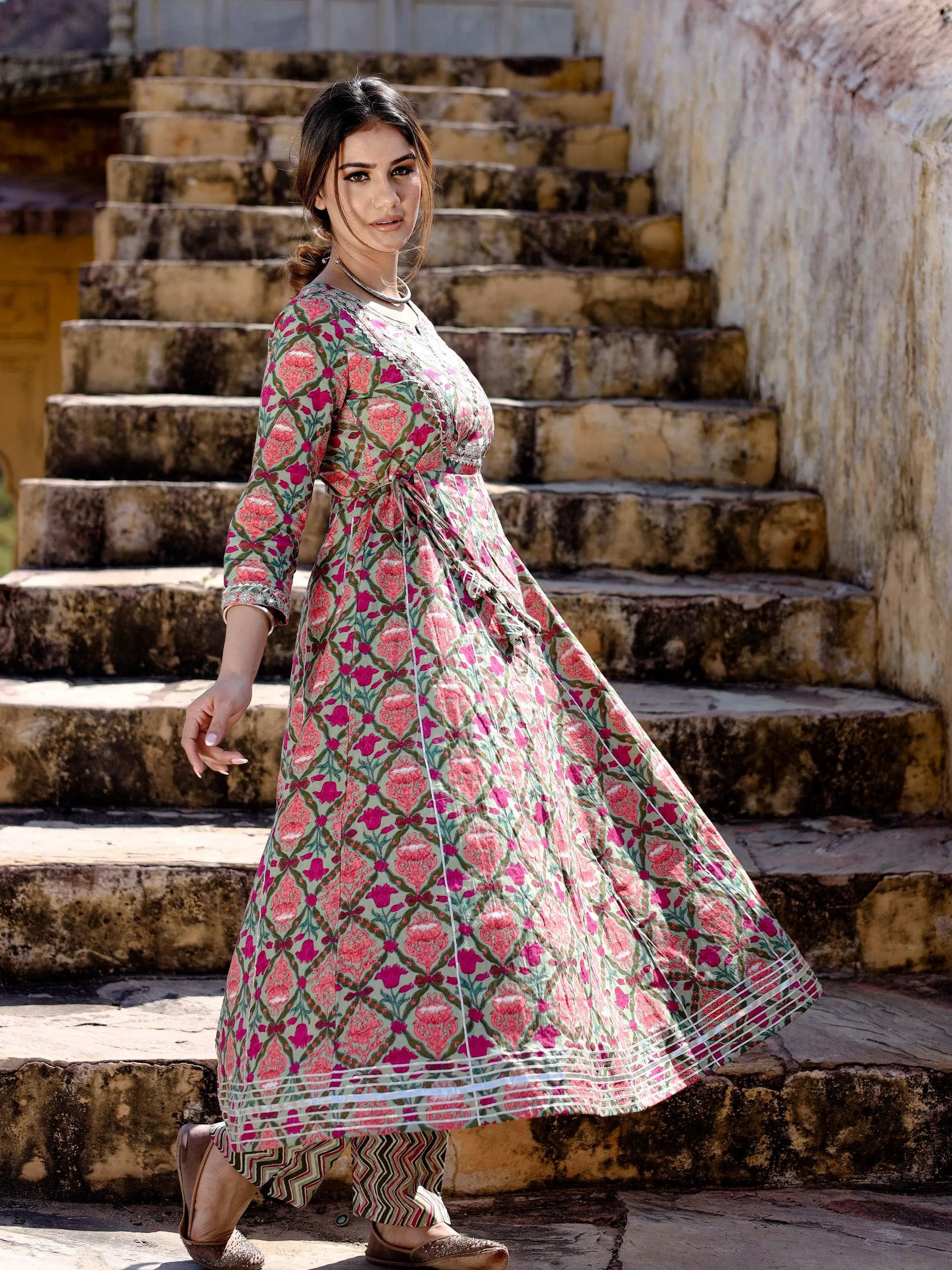 Jashvi Green Floral Printed Anarkali Kurta Pant Sets