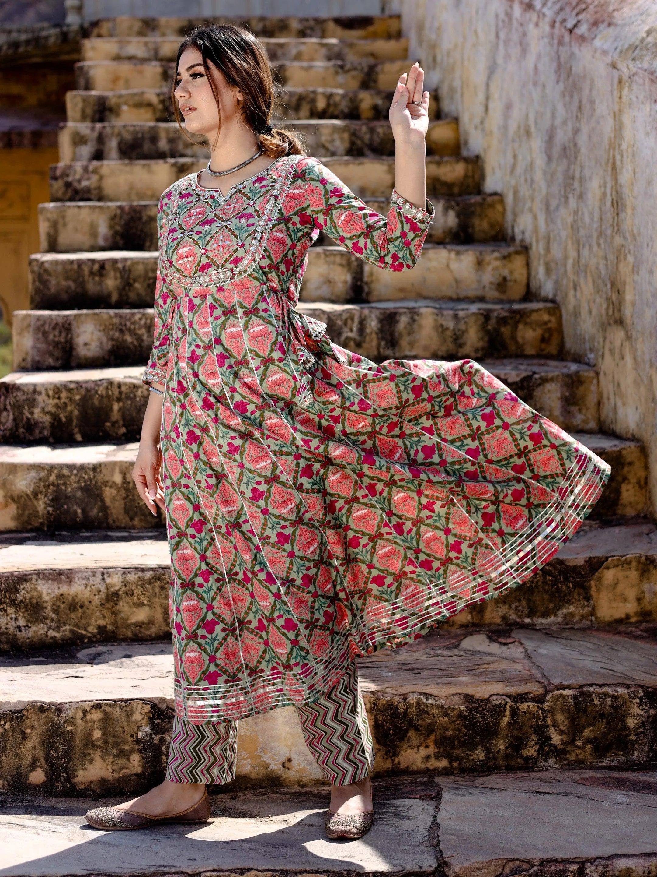 Jashvi Green Floral Printed Anarkali Kurta Pant Sets